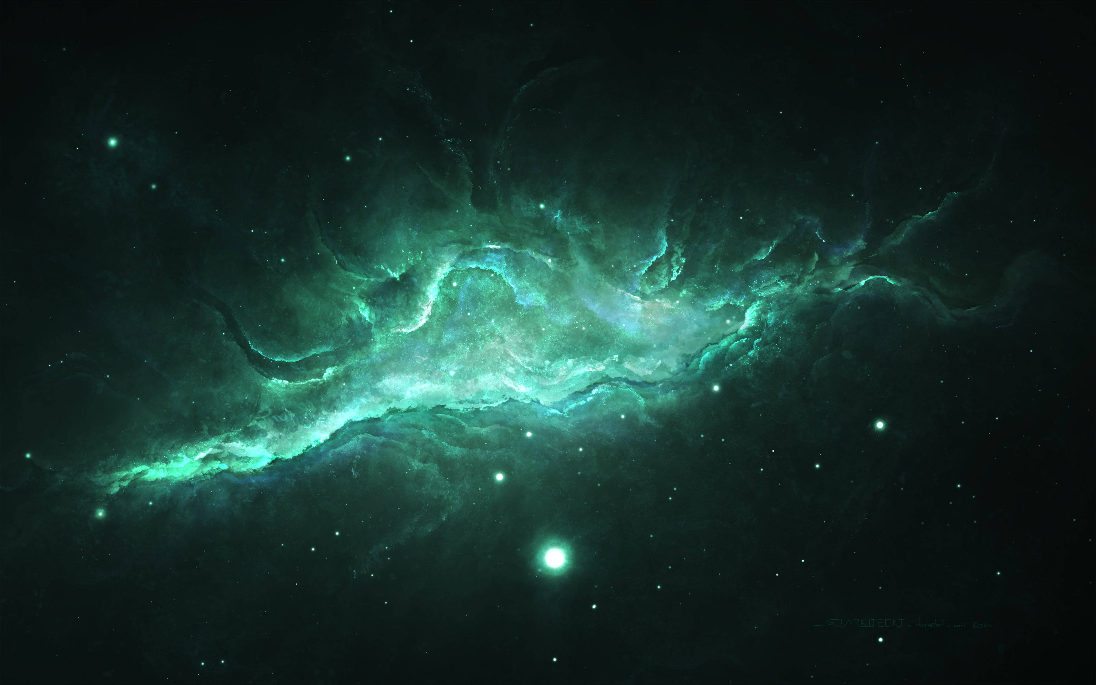 霓虹綠星雲 壁紙 — 一道明亮的青綠色星雲在深邃的太空中旋轉，點綴著閃爍的星星，背景是黑色的虛空。