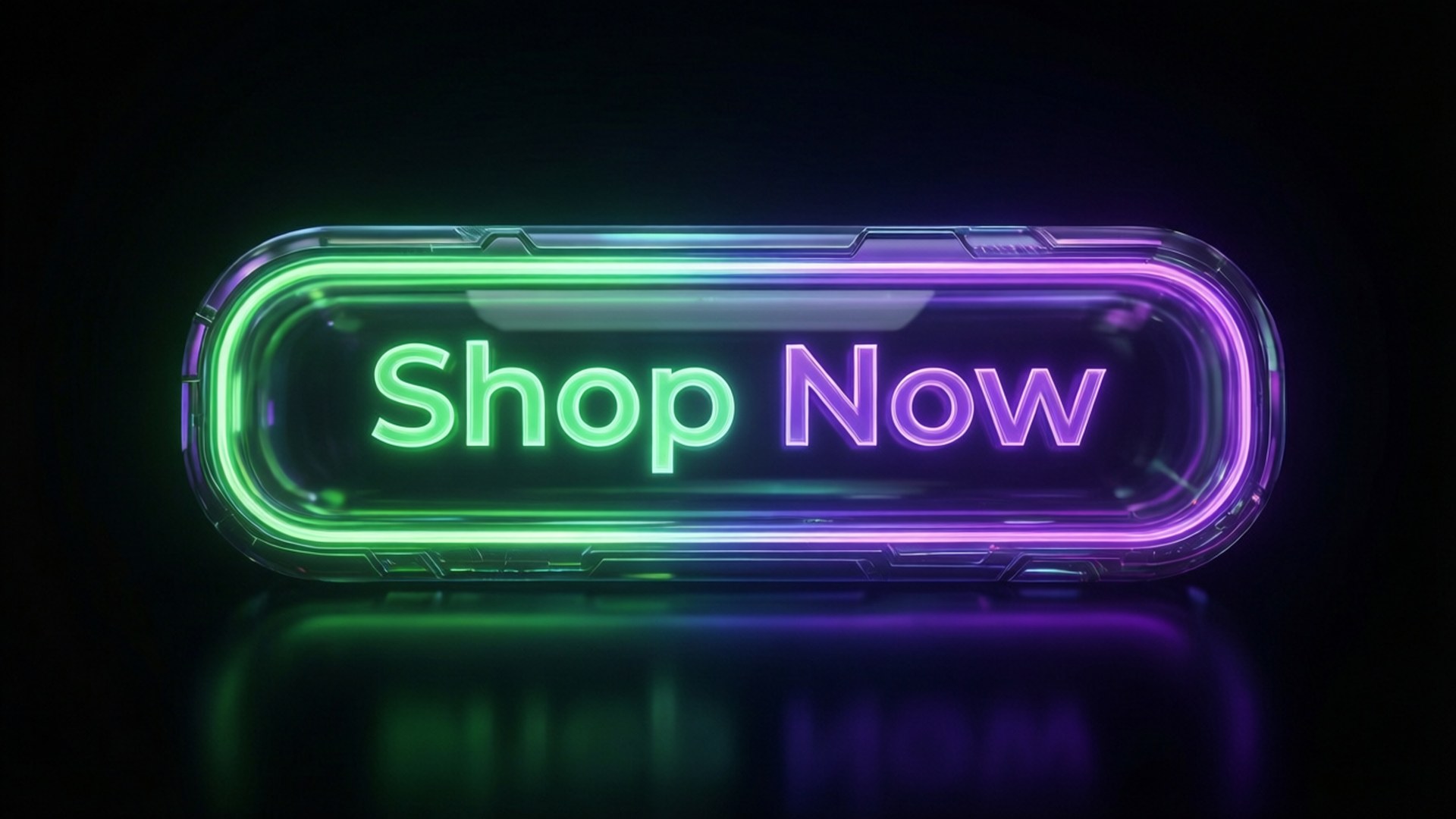 一個發光的霓虹燈 Shop Now 按鈕，在深色反光表面上帶有綠色和紫色的燈光。