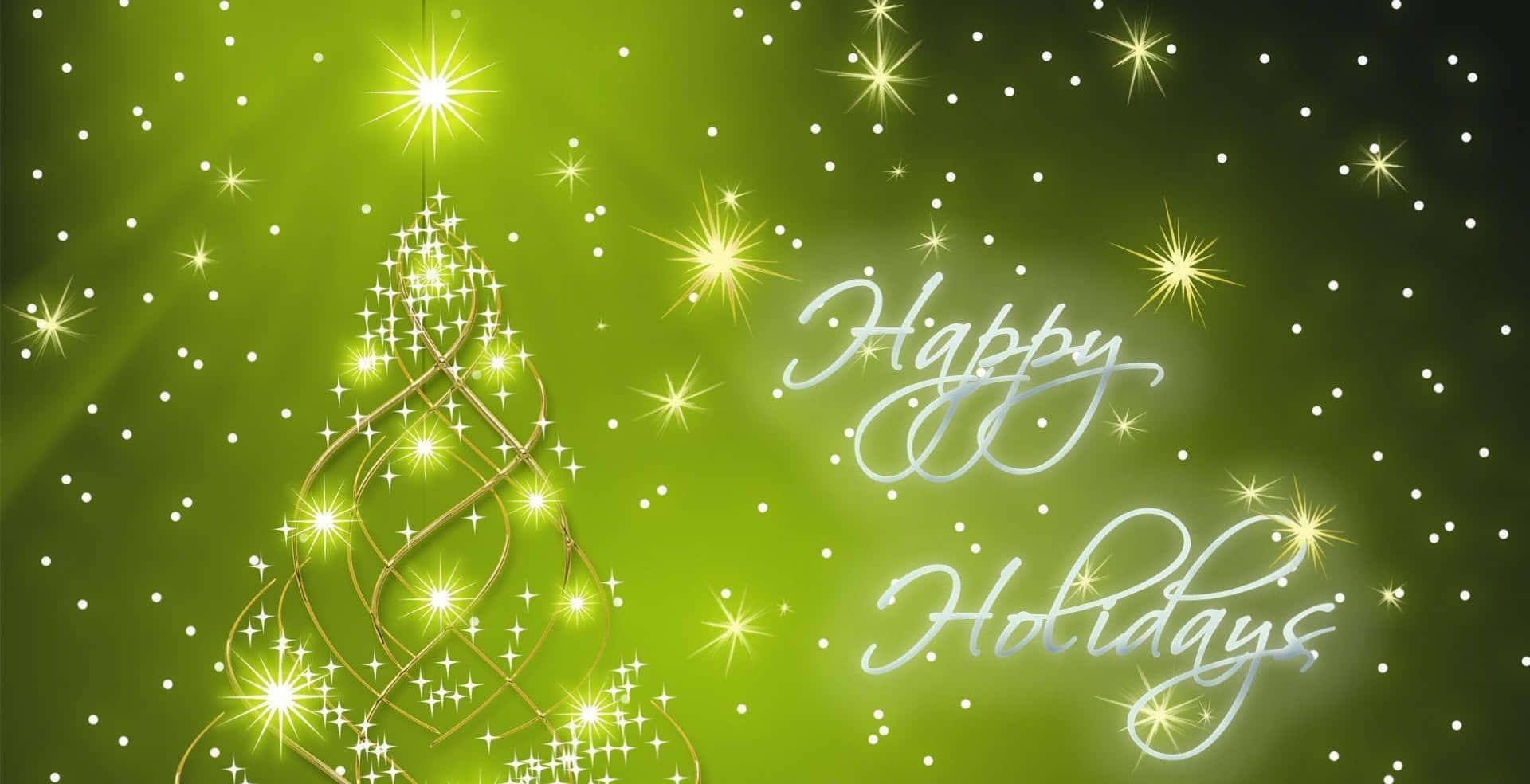 閃爍金光的螺旋樹，帶有閃亮燈光和綠色背景上的「Happy Holidays」文字。