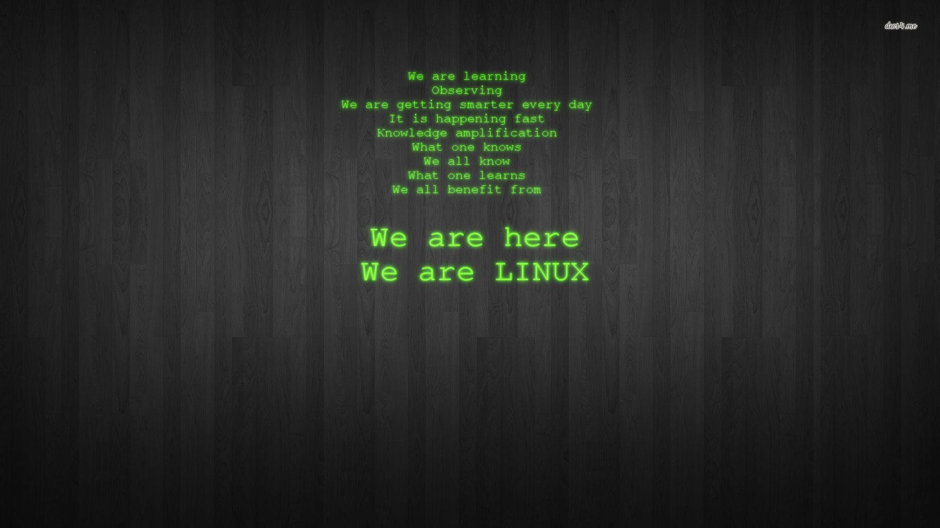 深色木質背景上的綠色文字宣示「We are here We are LINUX」，並附有學習名言。