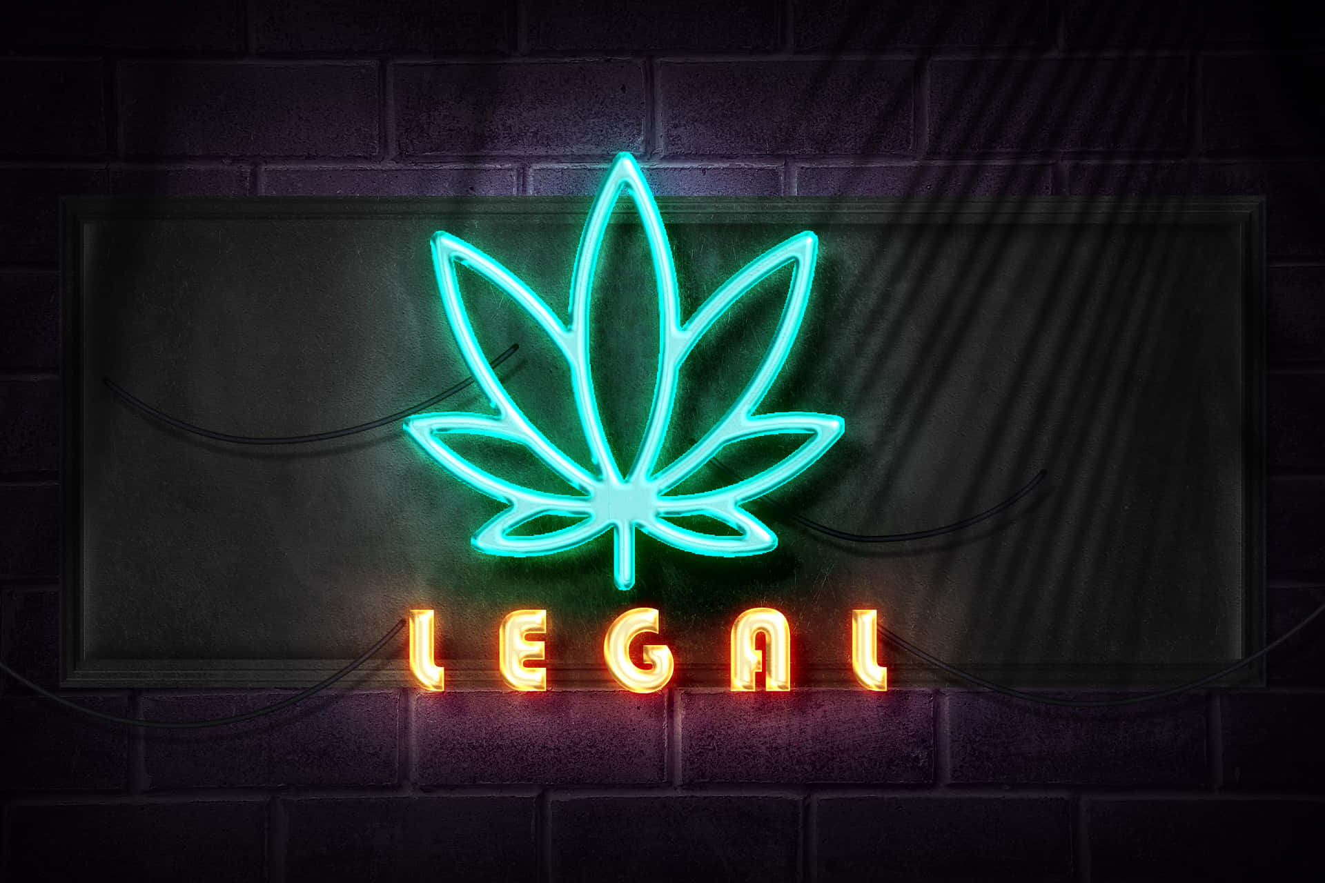 霓虹燈牌在夜間的磚牆上顯示大麻葉和「legal」一詞。
