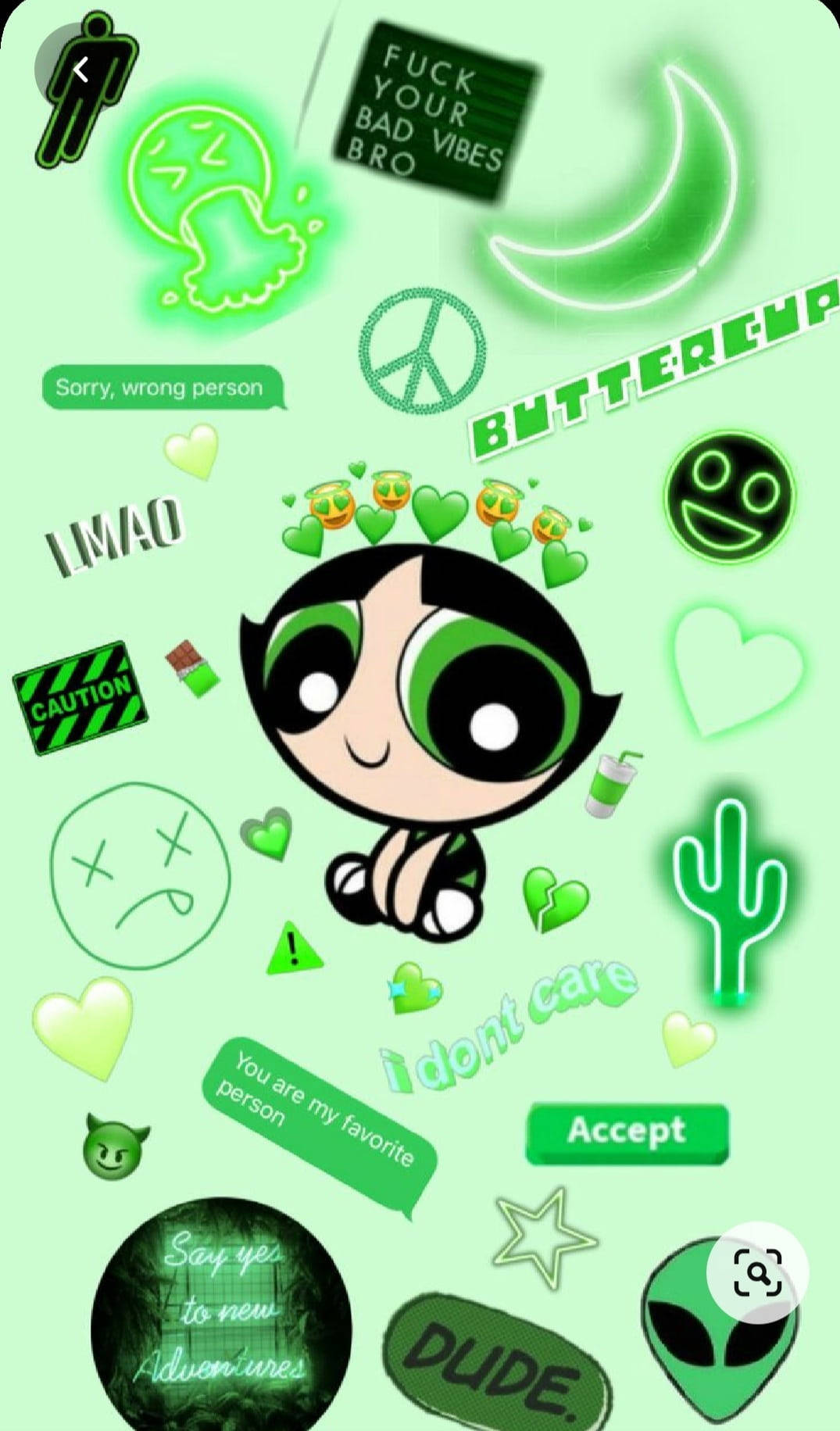 霓虹綠色美學布特卡普 壁紙 — 充滿活力的綠色牆紙， featuring Powerpuff Girl Bubbles 被霓虹貼紙和流行文化圖標環繞。