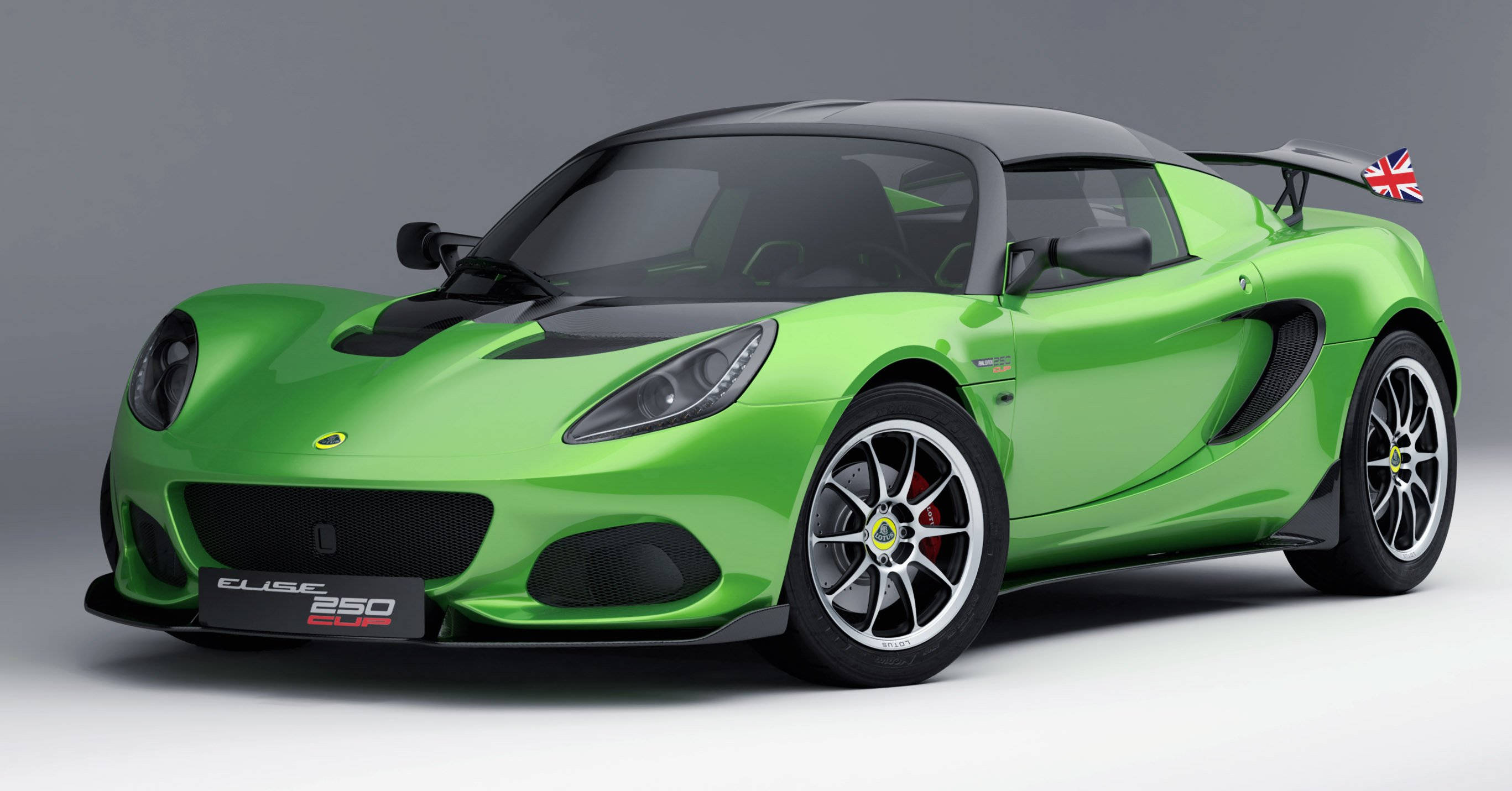 霓虹綠色路特斯Elise CUP 250跑車 壁紙 — 一輛充滿活力的綠色蓮花Elise 250跑車，帶有黑色飾邊和後擾流板上的英國國旗。