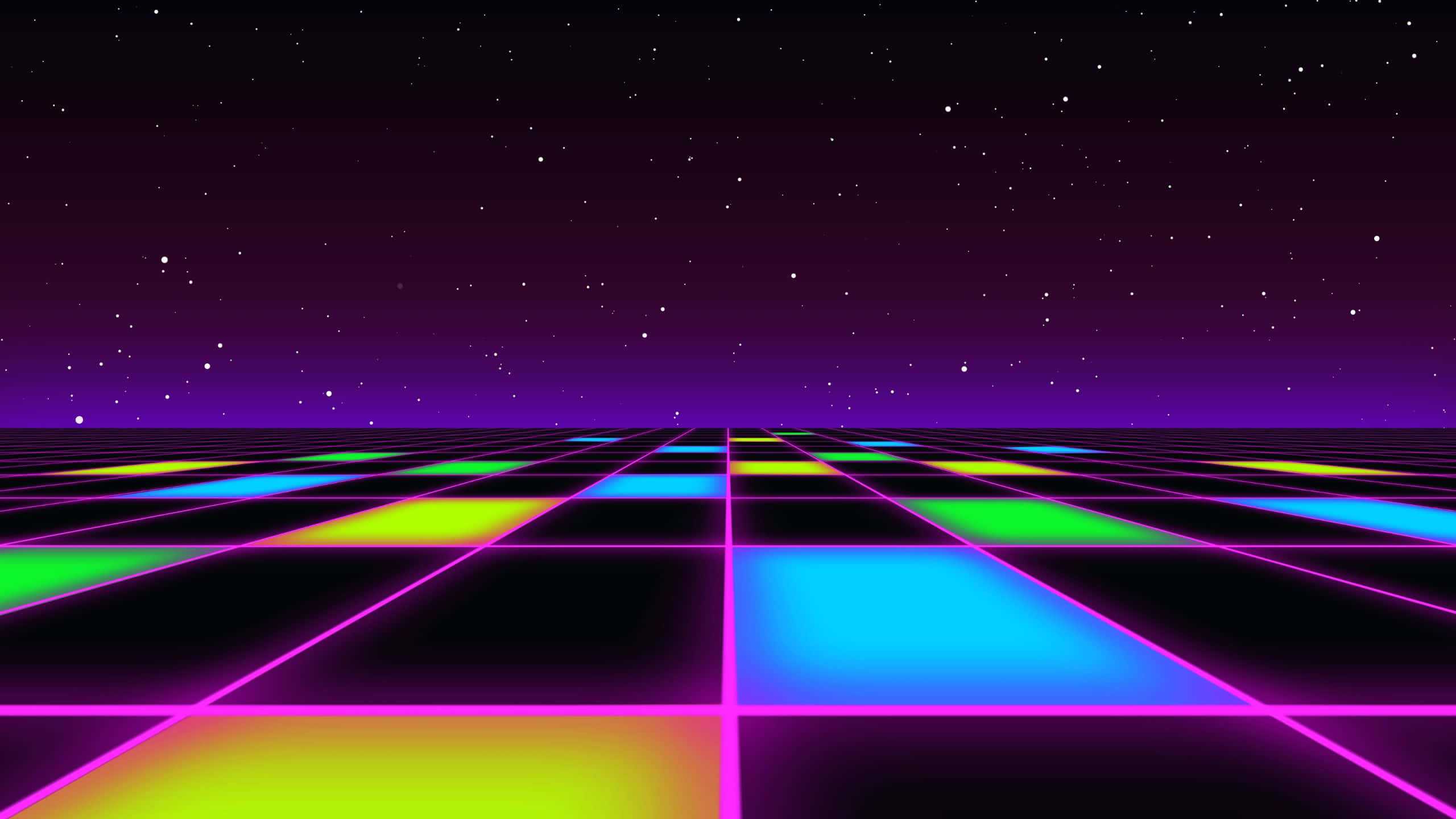 Gaming Banner 桌布 壁紙 — 霓虹網格地板延伸至繁星點點的紫色夜空，喚起復古未來主義。