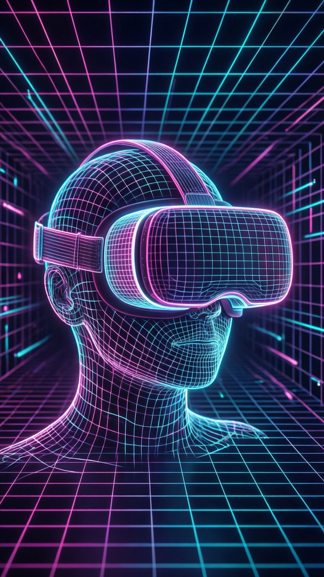 線框人物在發光網格隧道中佩戴VR頭戴式裝置