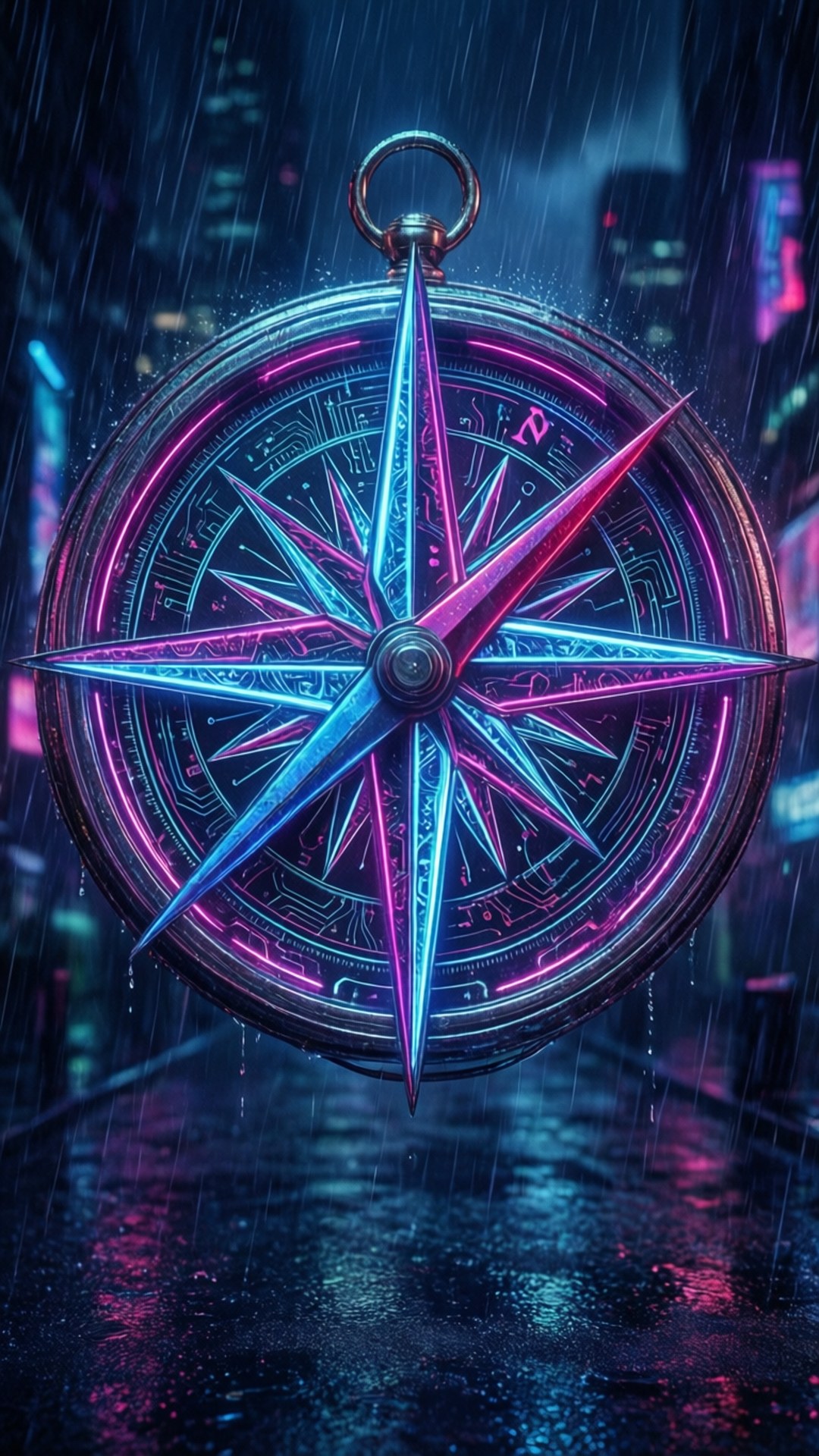 霓虹羅盤玫瑰賽博龐克 壁紙 — 一個發光的霓虹指南針，帶有藍色和粉紅色調，漂浮在雨濕的賽博朋克街道上，反射城市燈光。
