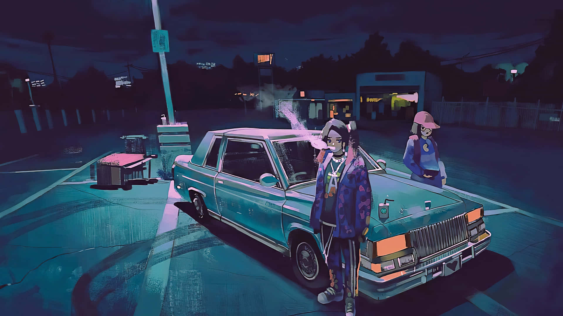 兩個動漫角色在夜晚霓虹燈照亮的停車場中，靠近一輛發光的復古汽車。