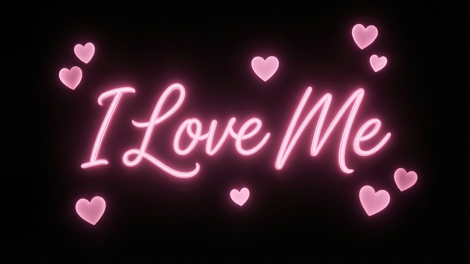 霓虹自我愛意文字 壁紙 — 粉紅色霓虹燈牌寫著「I Love Me」，被發光的心形環繞，背景為黑色。
