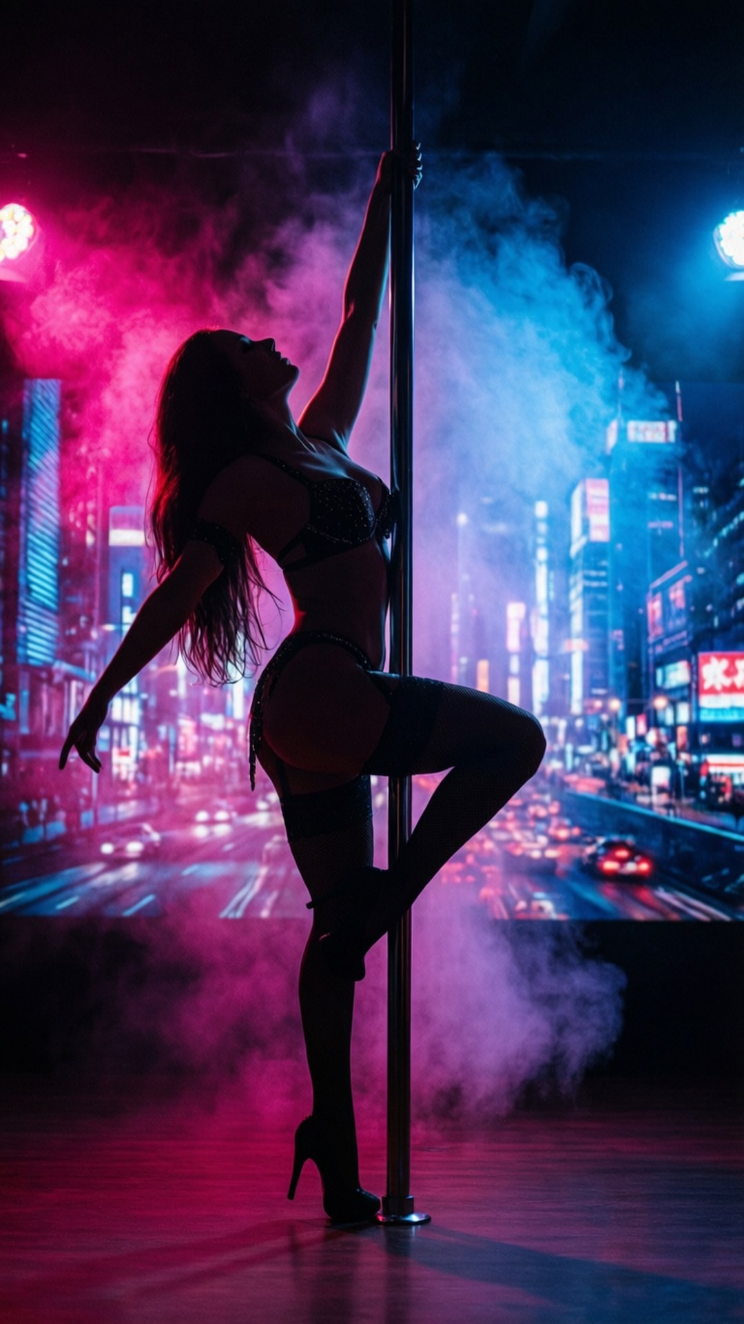 夜晚霓虹城市中的剪影鋼管舞者，帶有煙霧效果。