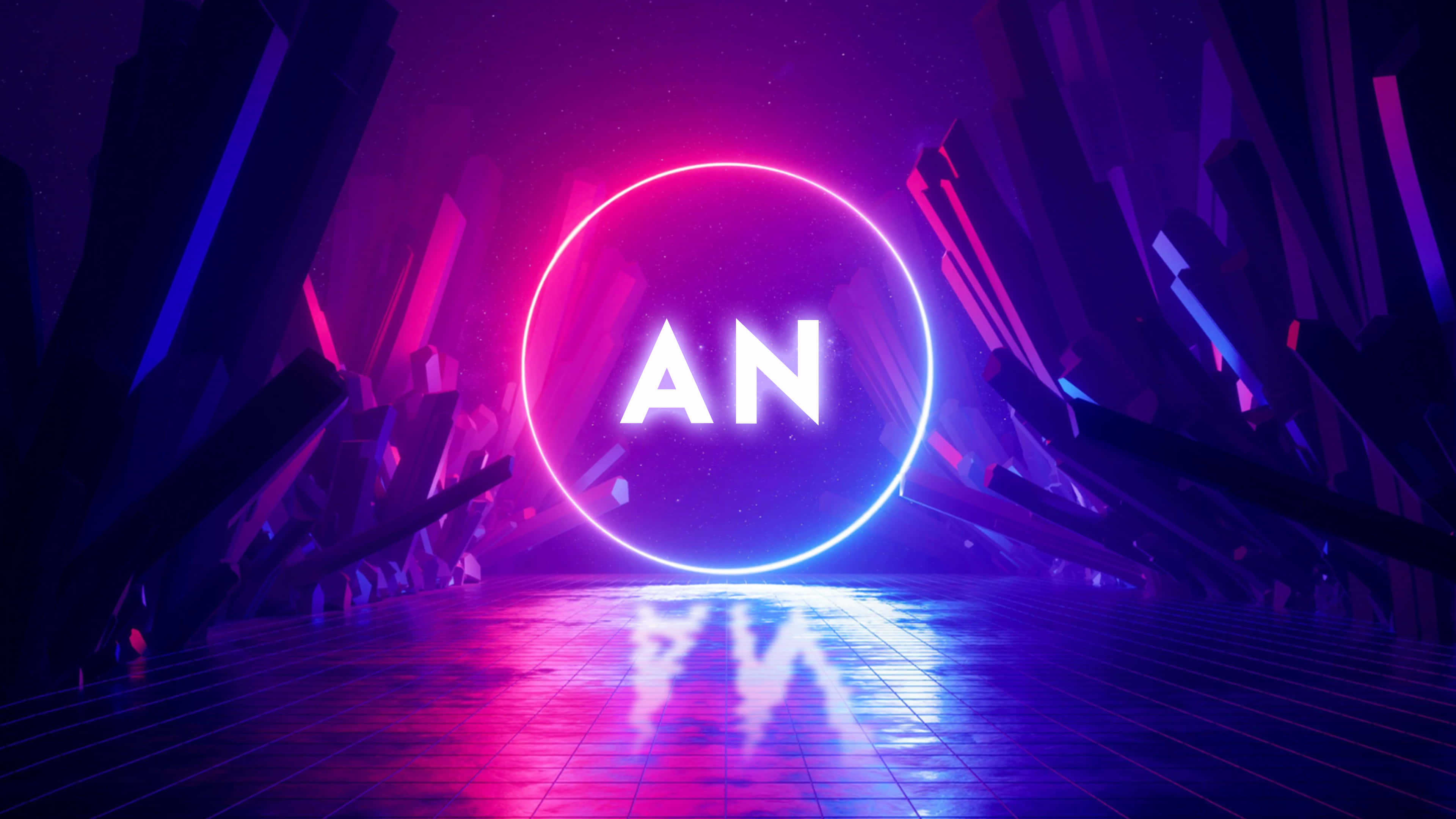 霓虹色「AN」字樣 壁紙 — 一個發光的霓虹燈圓圈，上面有「AN」字樣，漂浮在充滿銳利幾何形狀的未來感隧道中，下方是鮮豔的紫色和粉紅色燈光。