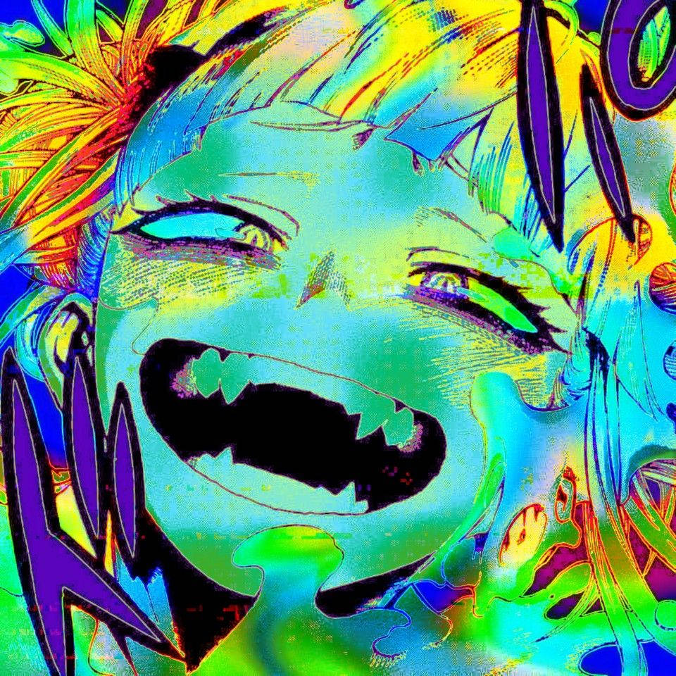 動漫角色在迷幻色彩爆炸中尖叫，眼睛發光，牙齒鋒利。