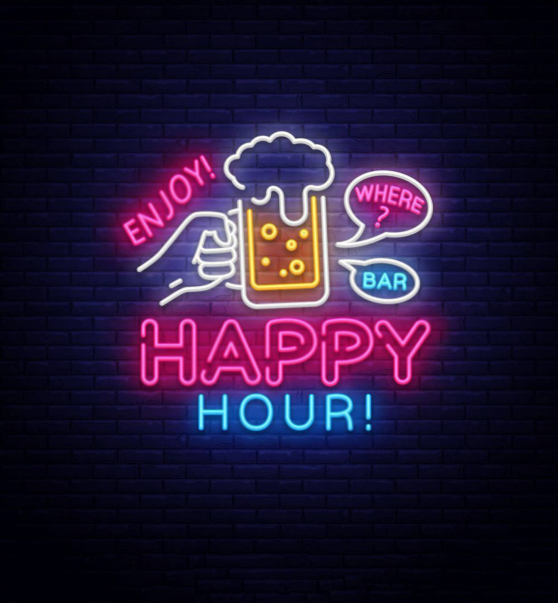 在磚牆上以啤酒杯和手為特色的歡樂時光霓虹燈招牌。
