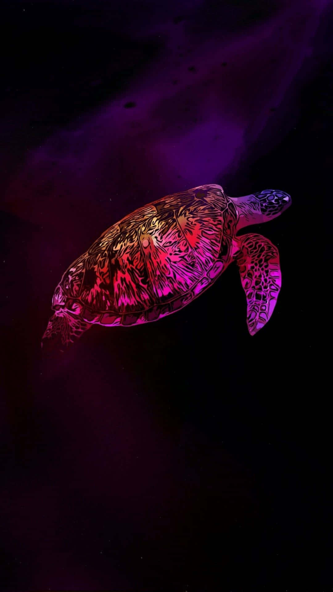 霓虹色海龜藝術 壁紙 — 一隻發光的海龜在深紫色的水下洋流中游動，龜殼上有複雜的霓虹粉紅和紅色圖案。