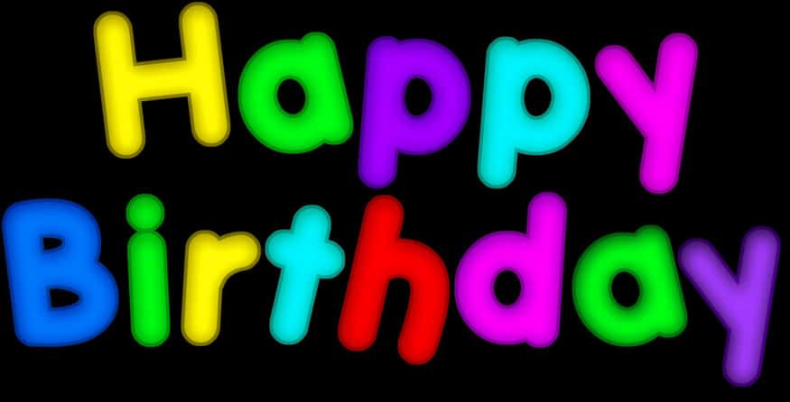 霓虹色生日快樂文字 壁紙 — 鮮豔的彩虹色「Happy Birthday」文字在純黑色背景上發光，帶有柔和陰影。