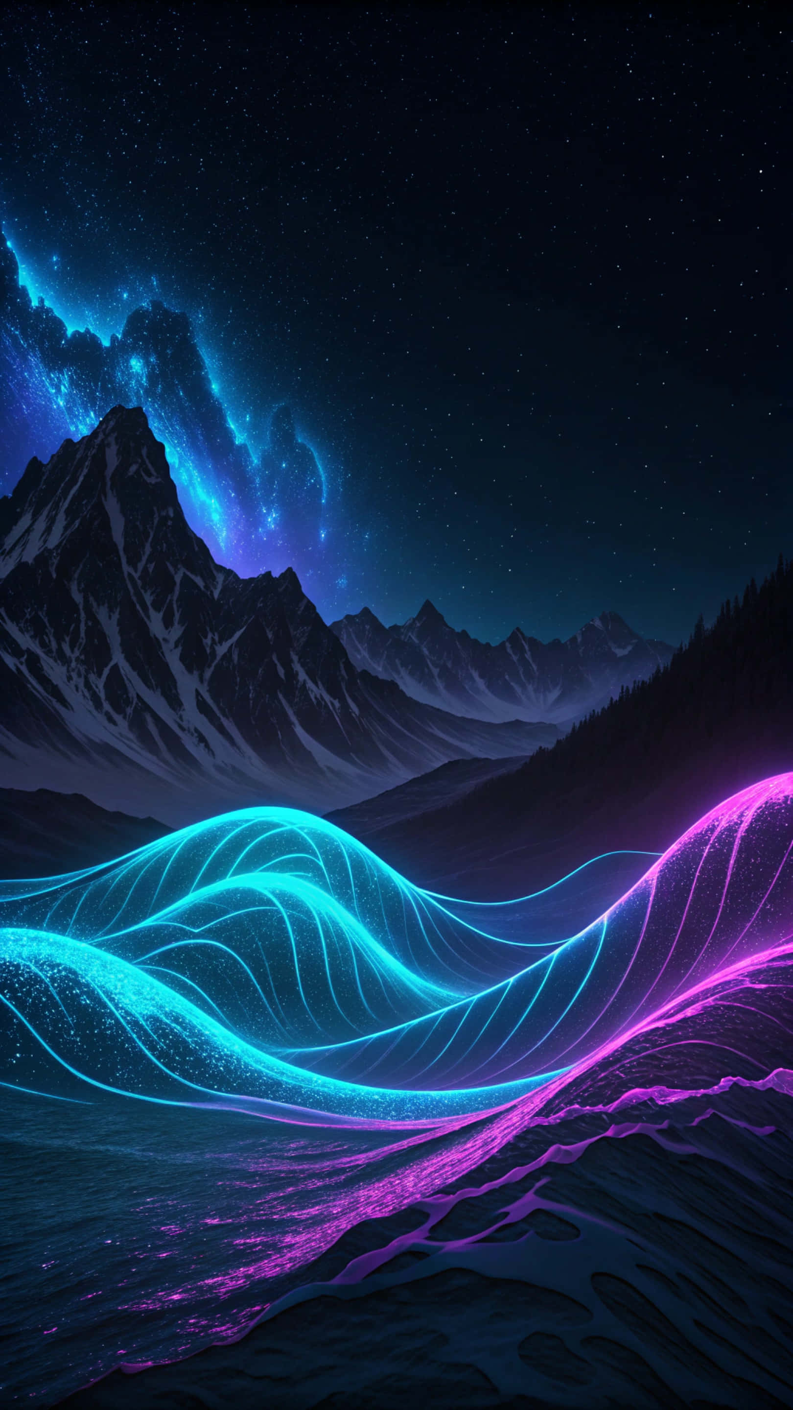 霓虹色與黑色波浪抽象壁紙 壁紙 — 一個超現實的夜景，發光的霓虹藍色和紫色波浪在星空和極光下的山區景觀中流動。