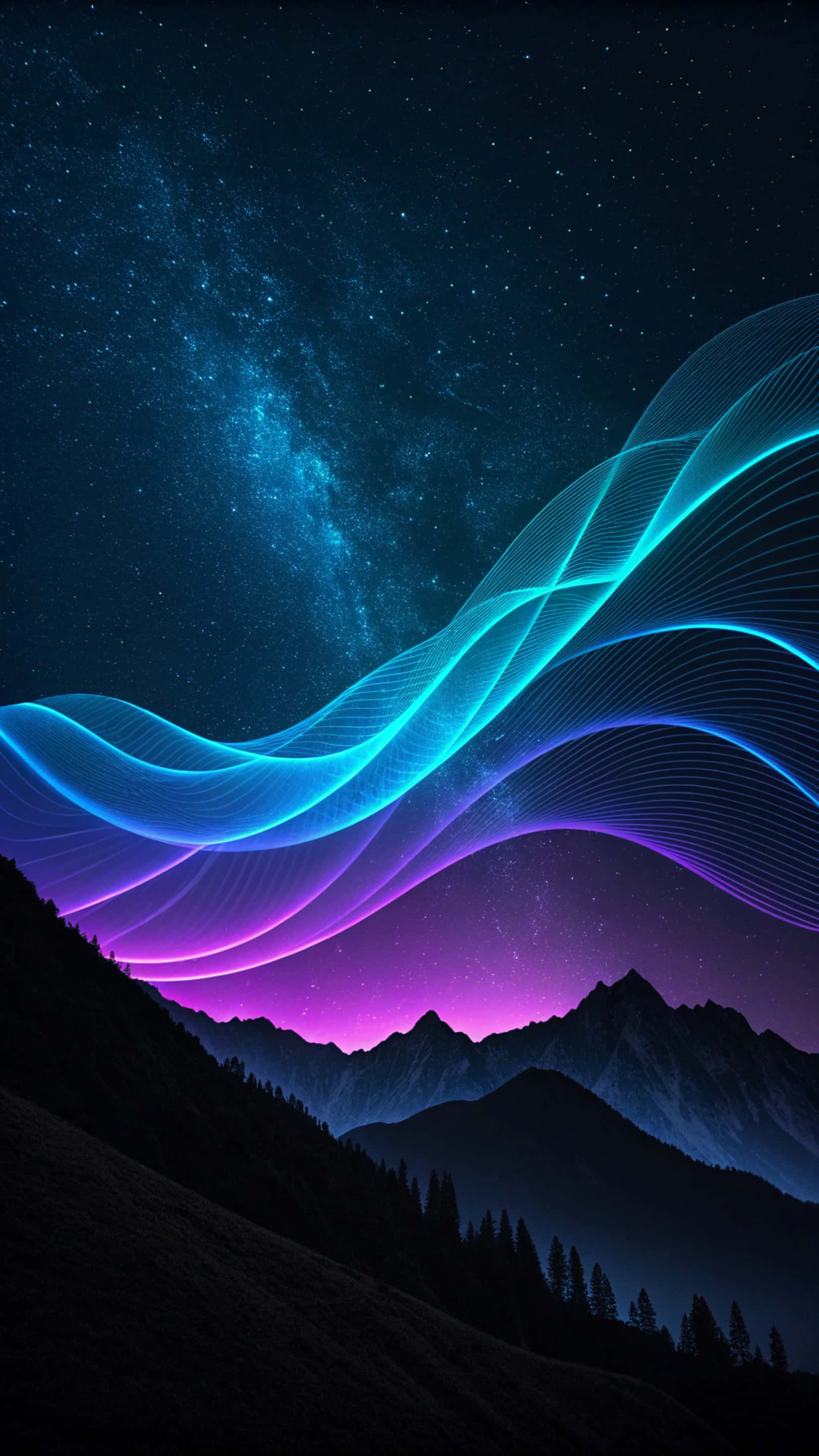 霓虹色與黑色波浪抽象壁紙 壁紙 — 宇宙夜空，發光的藍色和紫色星雲在星野下的黑暗山脈輪廓上方拱起。