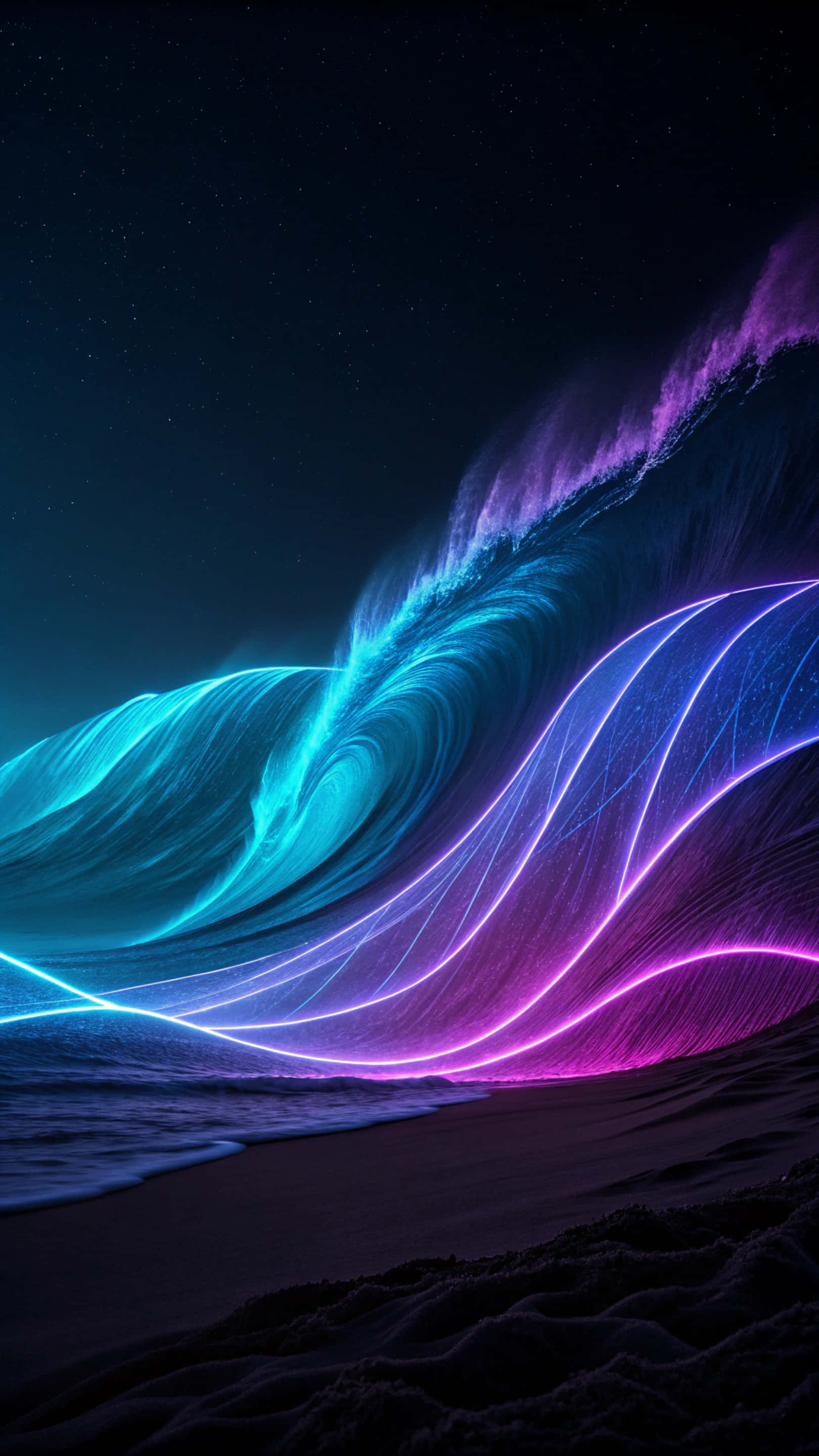 霓虹色與黑色波浪抽象壁紙 壁紙 — 在繁星點點的夜空下，一道巨大的發光波浪以電光藍和紫色弧線掠過黑暗的沙灘。