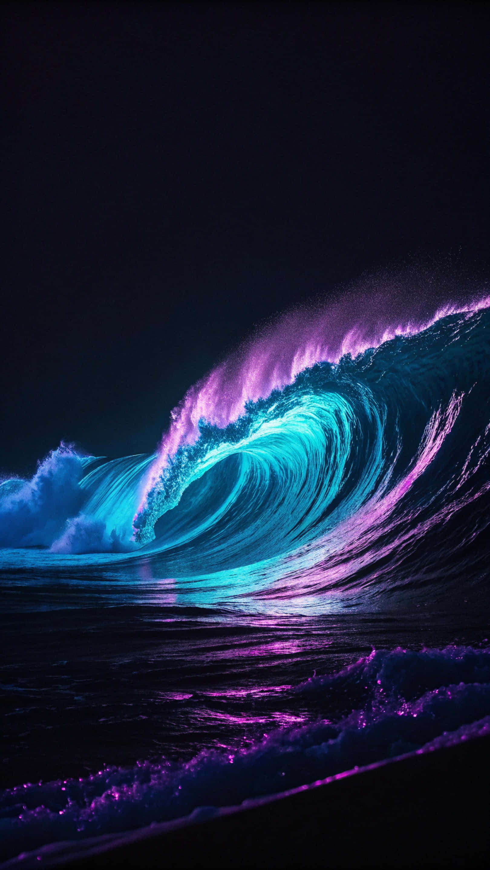 霓虹色與黑色波浪抽象壁紙 壁紙 — 巨大的海浪在漆黑的夜空中捲起霓虹藍和紫色。