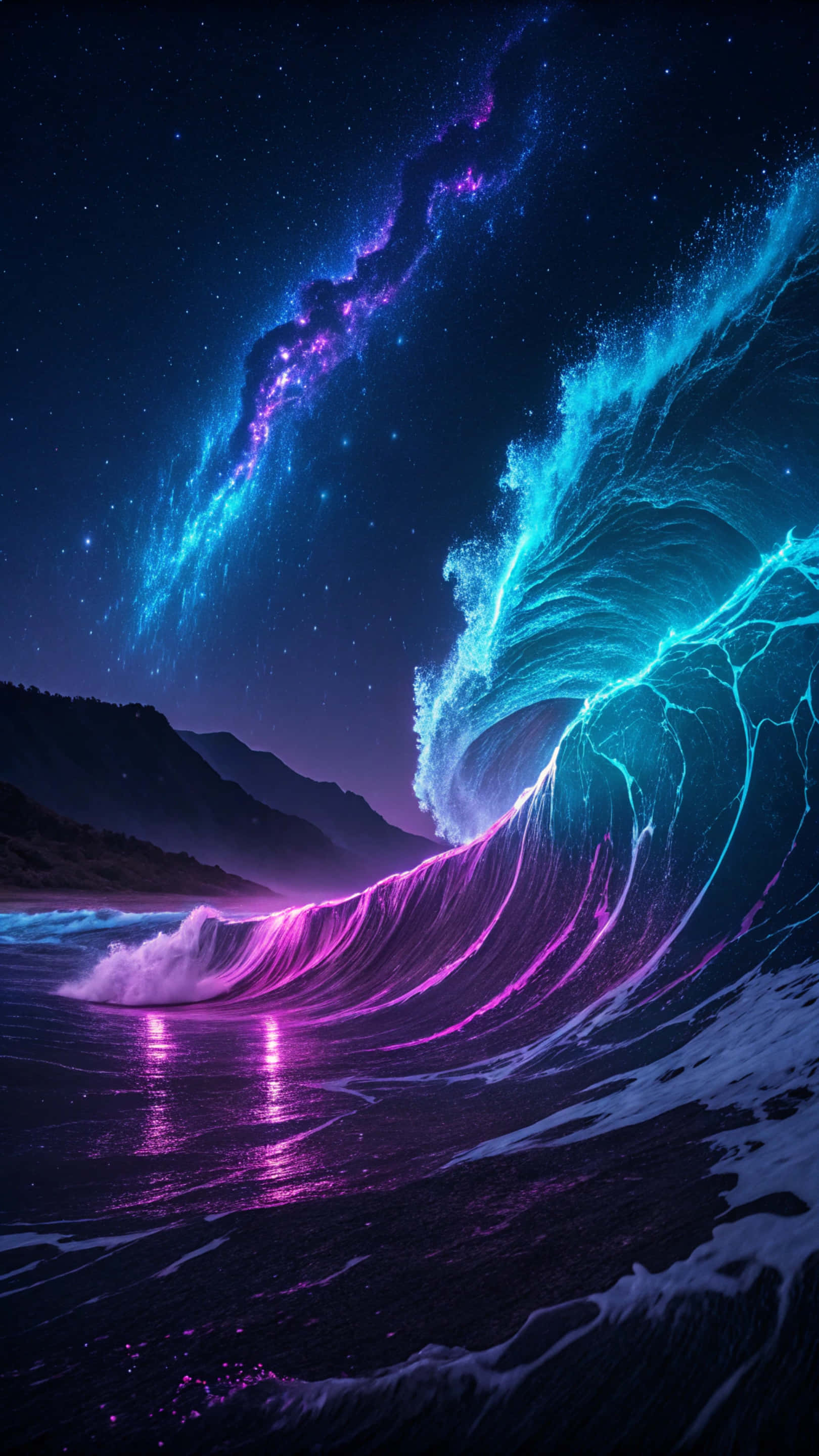 霓虹色與黑色波浪抽象壁紙 壁紙 — 一道巨大的發光海浪在繁星點點的夜空下衝擊，紫色和青色的霓虹色調在靠近山脈的暗水上反射。