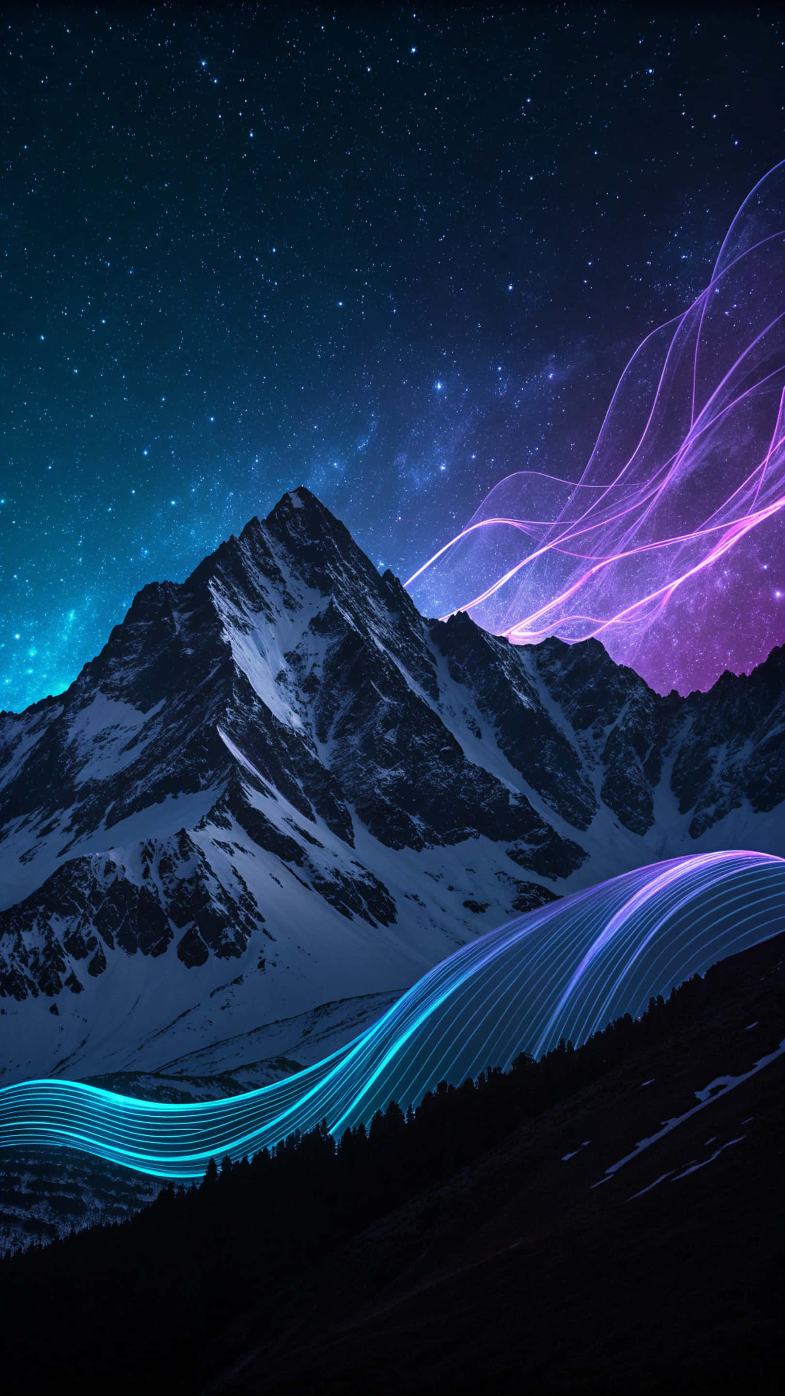 霓虹色與黑色波浪抽象壁紙 壁紙 — 積雪的山峰在繁星點點的夜空下聳立，夜空中有發光的紫色和青色光跡。