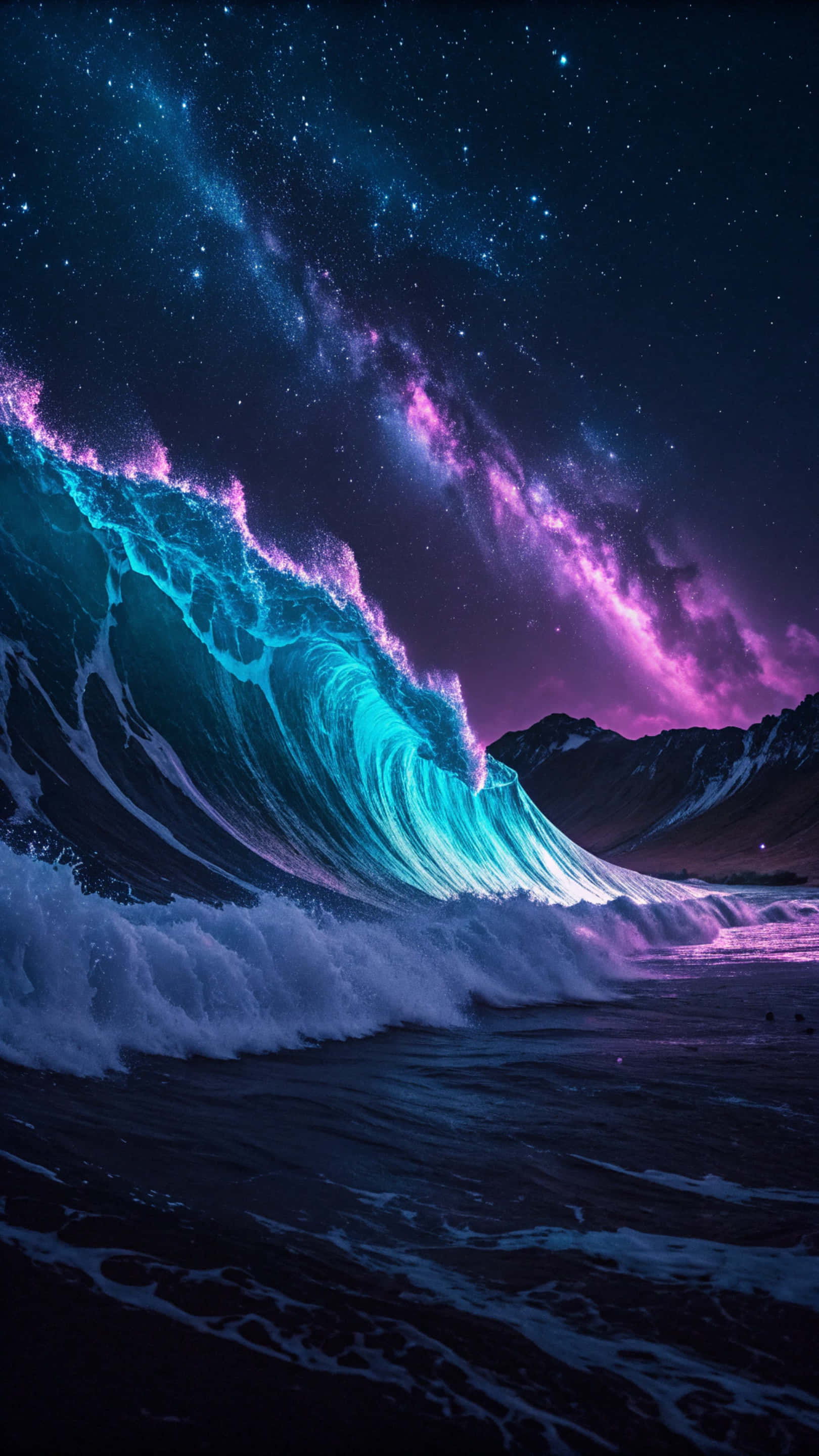 霓虹色與黑色波浪抽象壁紙 壁紙 — 一道巨大的發光波浪在佈滿紫色和藍色星雲的星空下衝擊，背景是黑暗的山脈。