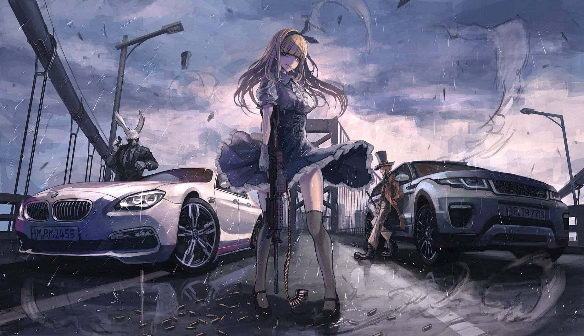 霓虹色跑車飛越城市天際線 壁紙 — 一個孤獨的長髮動漫女孩站在雨中橋上的兩輛豪華車之間，子彈飛舞，暴風雨背景中潛伏著人影。