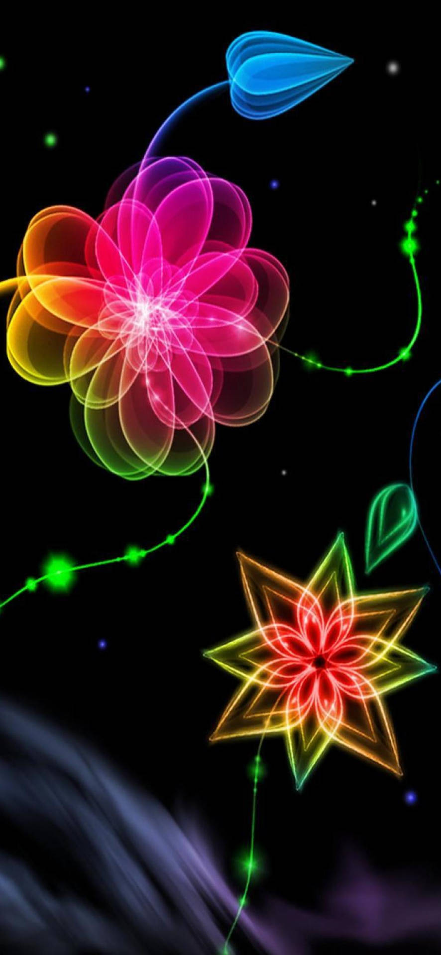 霓虹發光的花朵和星星形狀漂浮在黑暗的宇宙空間中，帶有紫色星雲。