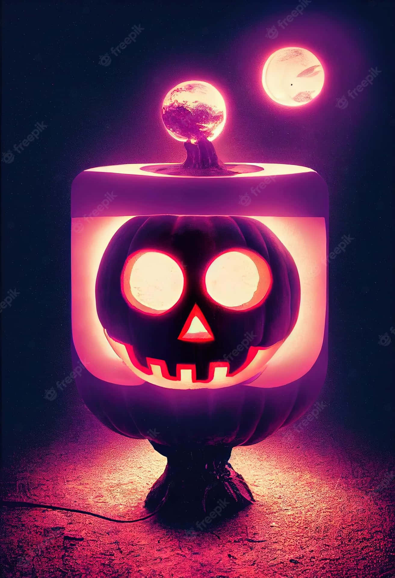 在黑暗的宇宙環境中，一個發光的南瓜燈籠伴隨著兩個粉紅色的月亮。