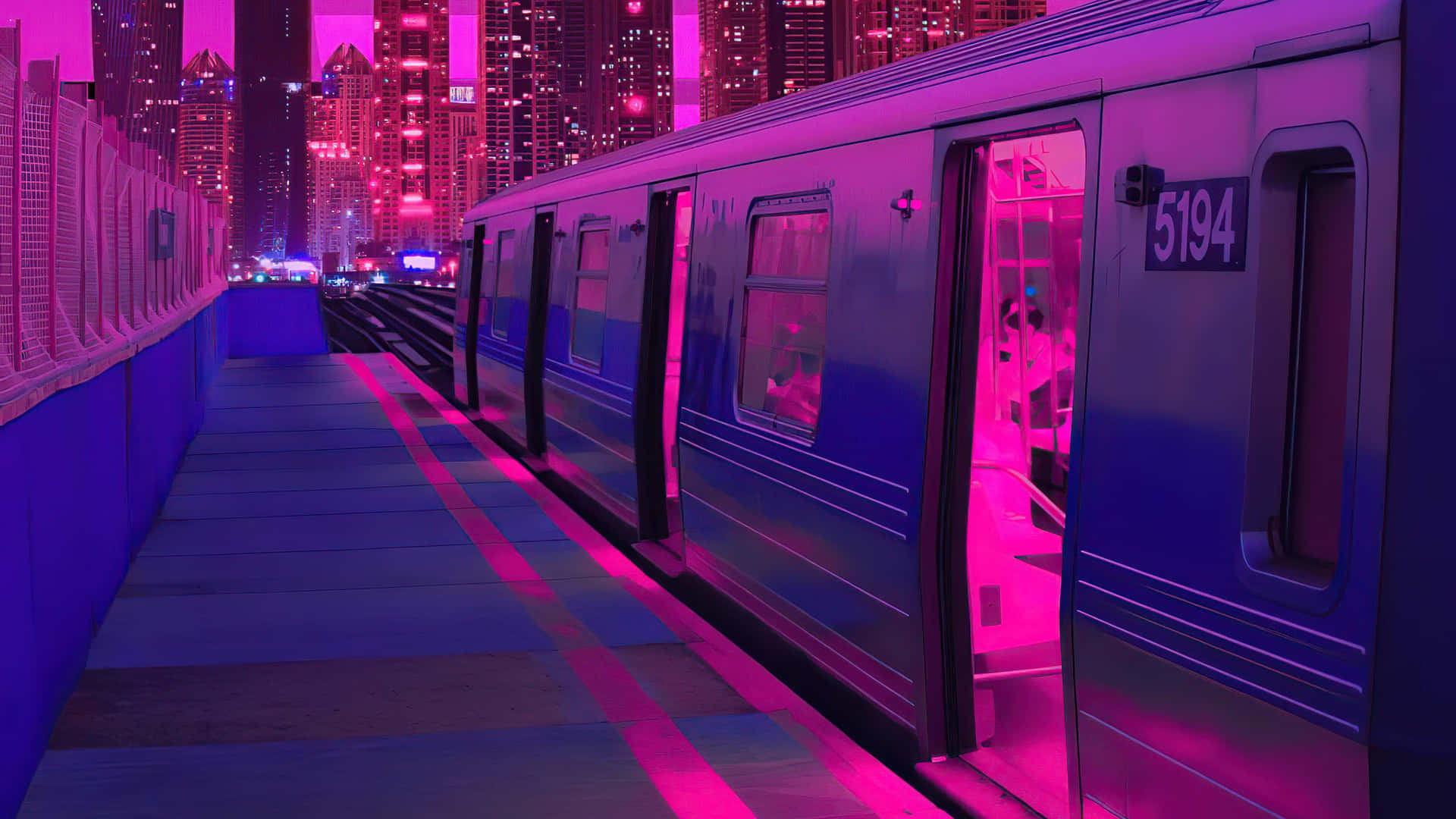 霓虹蒸汽波火車背景 壁紙 — 一列未來感十足的地鐵列車在充滿活力的城市天際線下的月台上散發著霓虹粉紅和藍色的光芒。