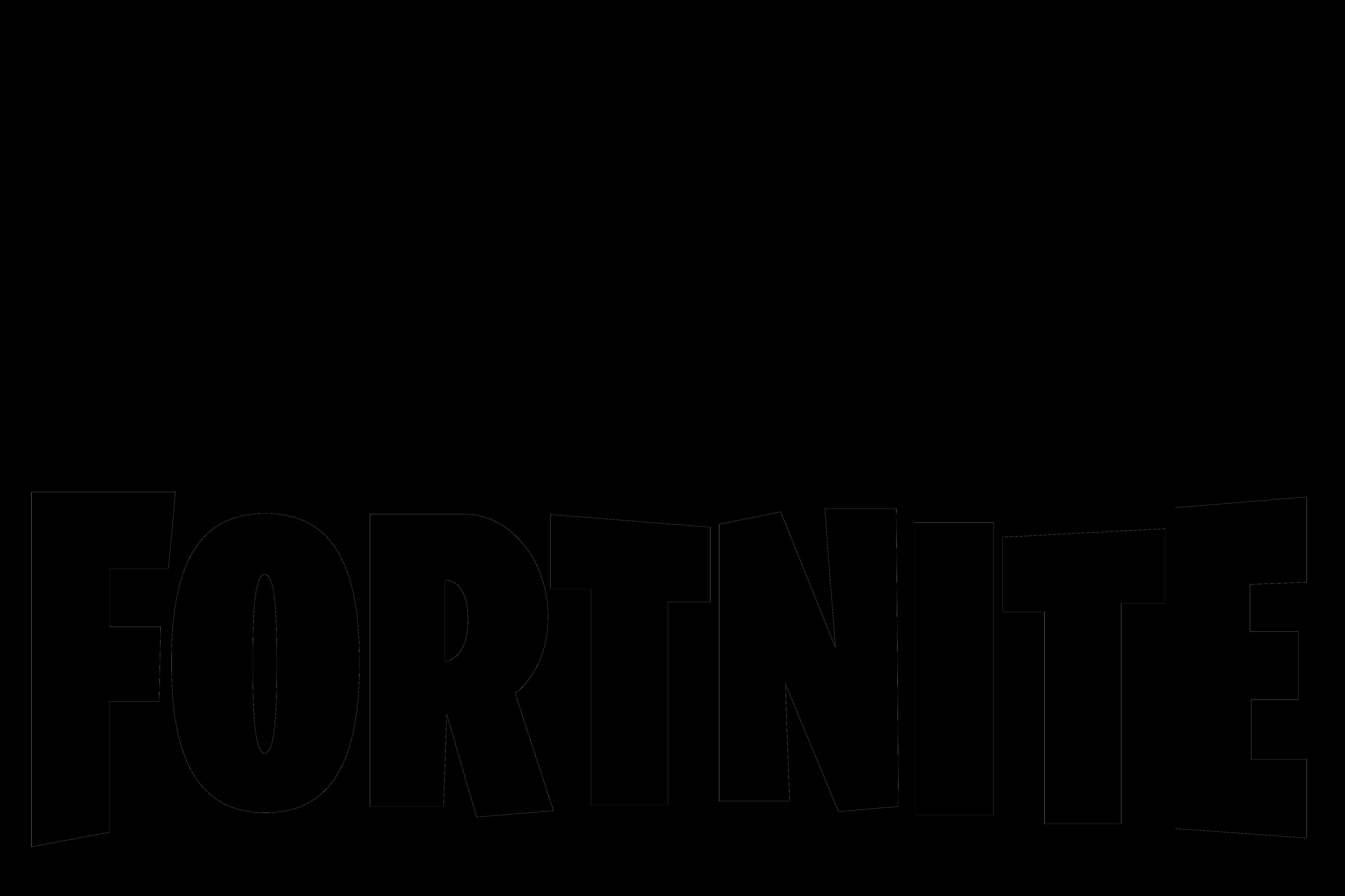 霓虹藍背景上的Fortnite標誌 壁紙 — 「FORTNITE」一詞以粗體輪廓字體居中顯示在純黑色背景上。
