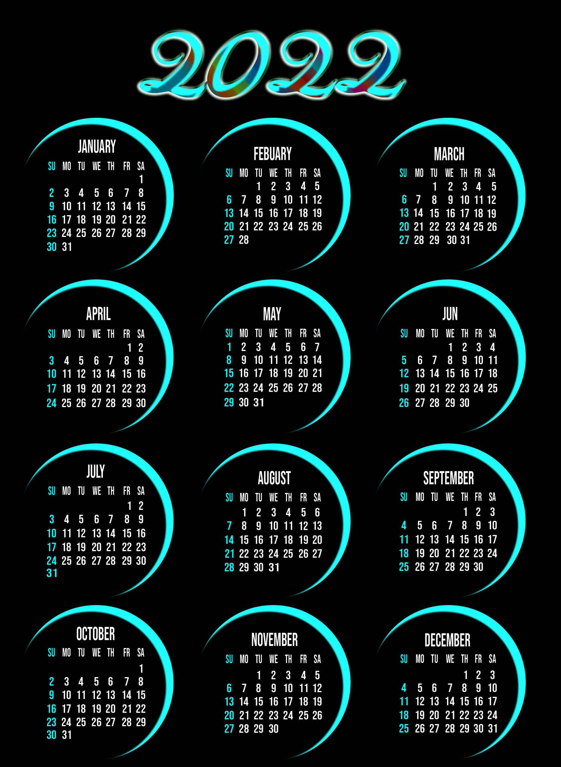 霓虹藍色2022年曆 壁紙 — 發光的霓虹藍色2022年月曆，在黑色背景上帶有圓形月度網格。