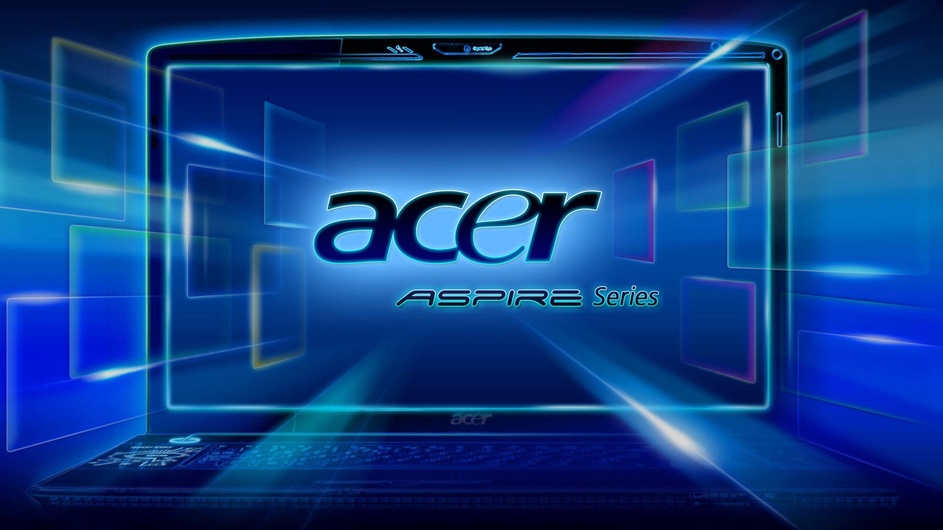 Acer Aspire 手提電腦帶有發光藍色霓虹效果和漂浮的數位面板。