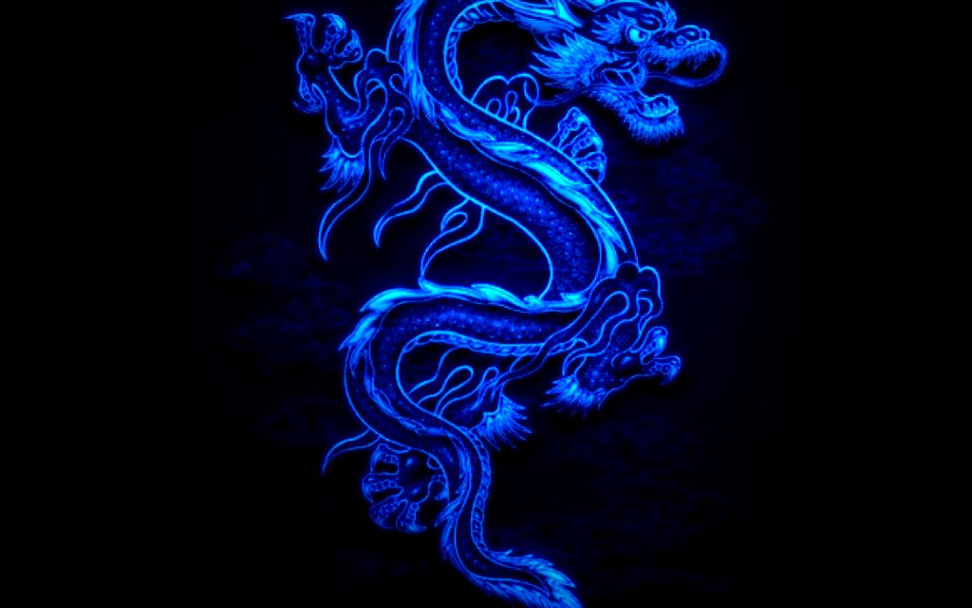 霓虹藍色中國龍藝術 壁紙 — 一條發光的電光藍色龍在漆黑背景上動態盤繞，帶有複雜的霓虹輪廓。
