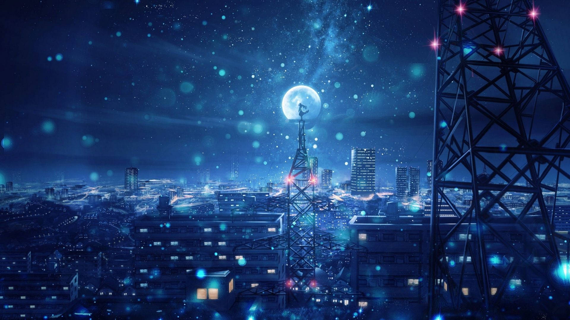 未來主義城市天際線夜景，發光塔樓與明亮月亮。