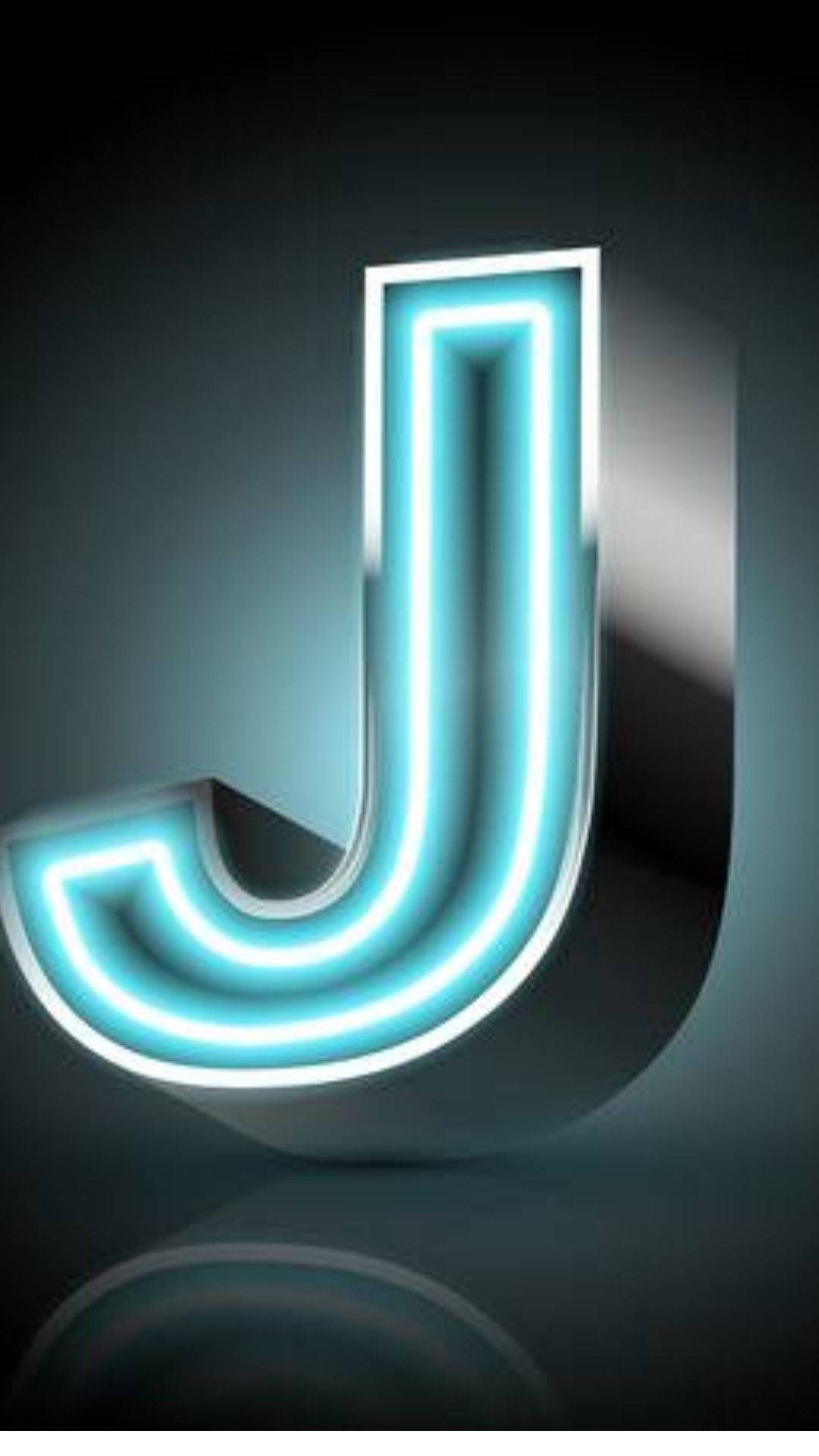 發光青色霓虹字母J在深色背景上帶有倒影