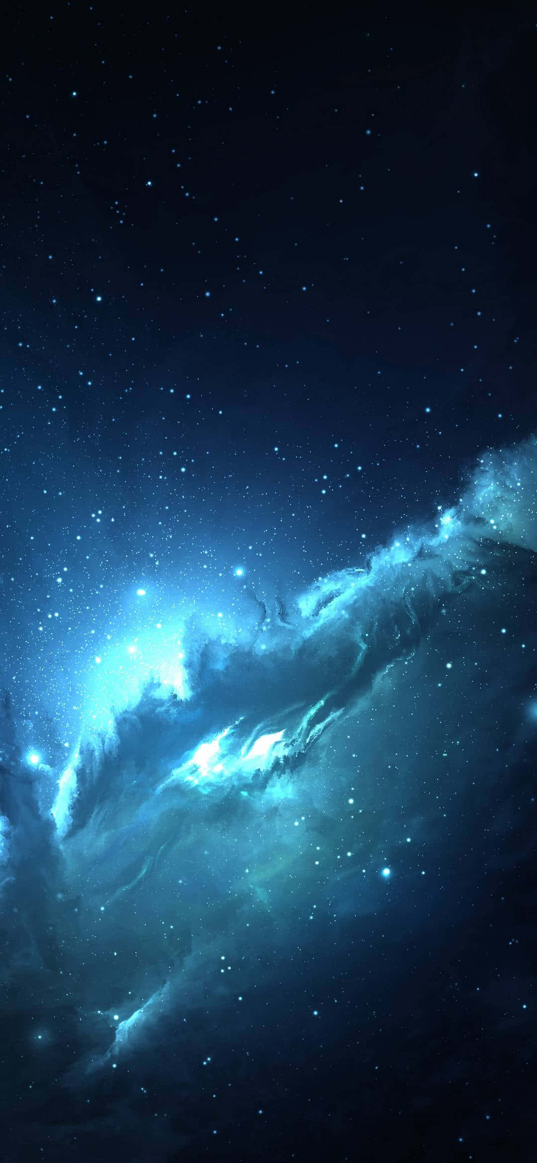 霓虹藍色星雲 1080x2340 4K 數位藝術 壁紙 — 一顆明亮的藍色星雲在深空星場中旋轉，散發著宇宙能量。