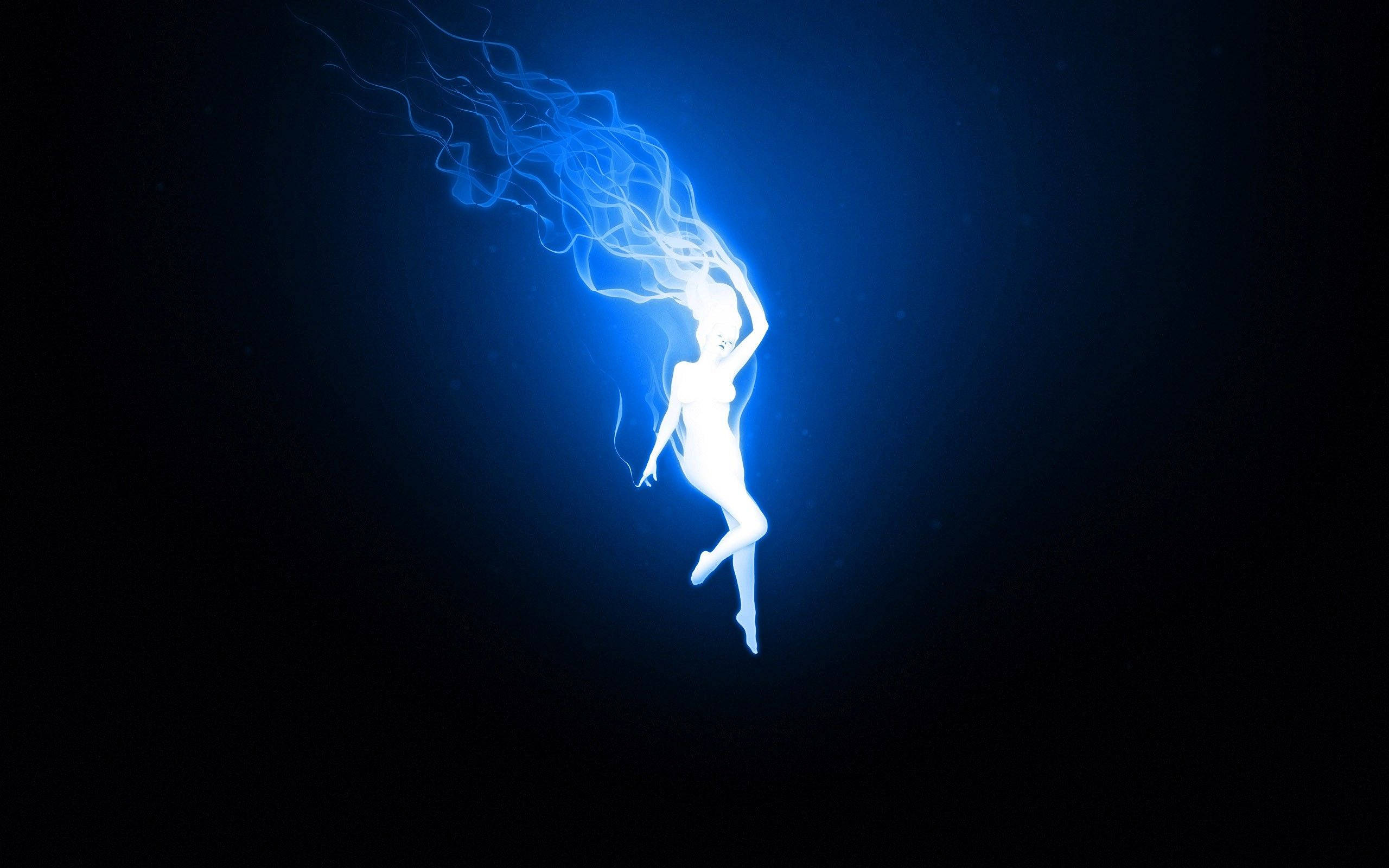 霓虹藍色水下美人 壁紙 — 一個發光的白色人形身影，帶有電光藍色的能量軌跡，漂浮在深藍色的虛空背景上。