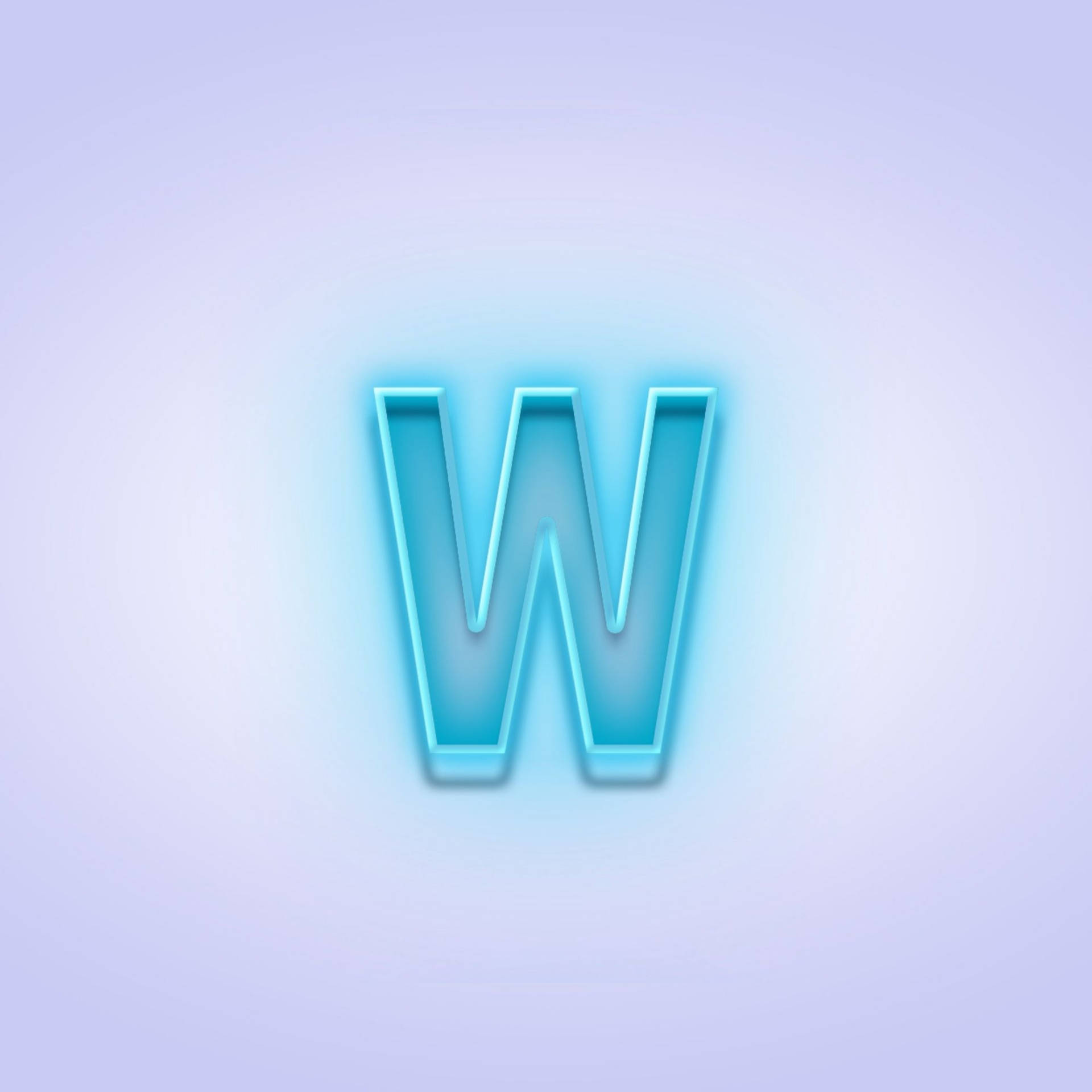 發光藍色霓虹字母W在柔和薰衣草背景上