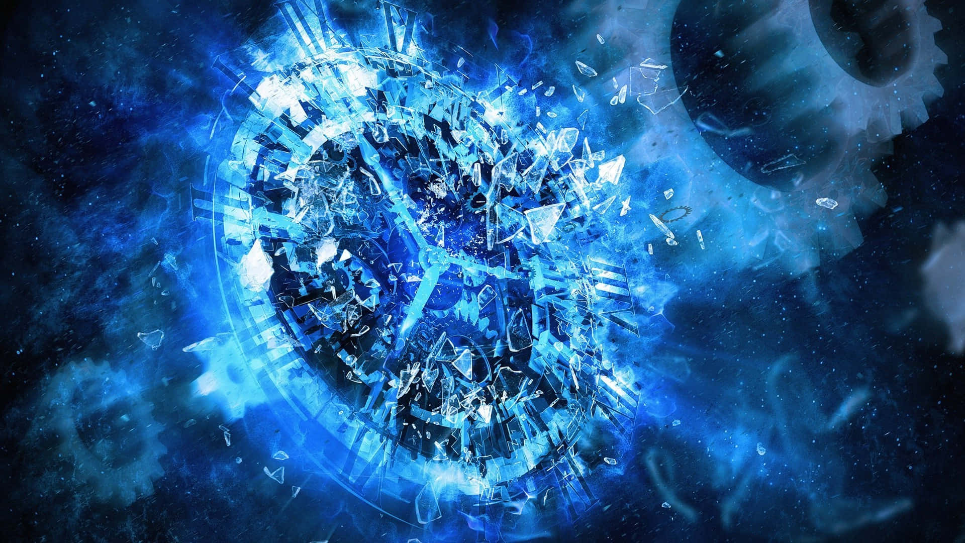 霓虹藍鐘錶齒輪碎裂玻璃圖 壁紙 — 一個破碎的水晶齒輪在宇宙星空中爆炸，釋放出充滿活力的藍色能量，碎片漂浮。