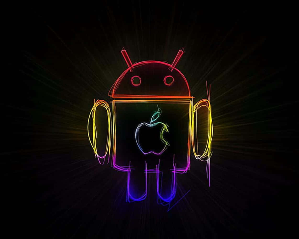 Android機械人嘅霓虹輪廓，中央有發光Apple標誌，背景黑暗。