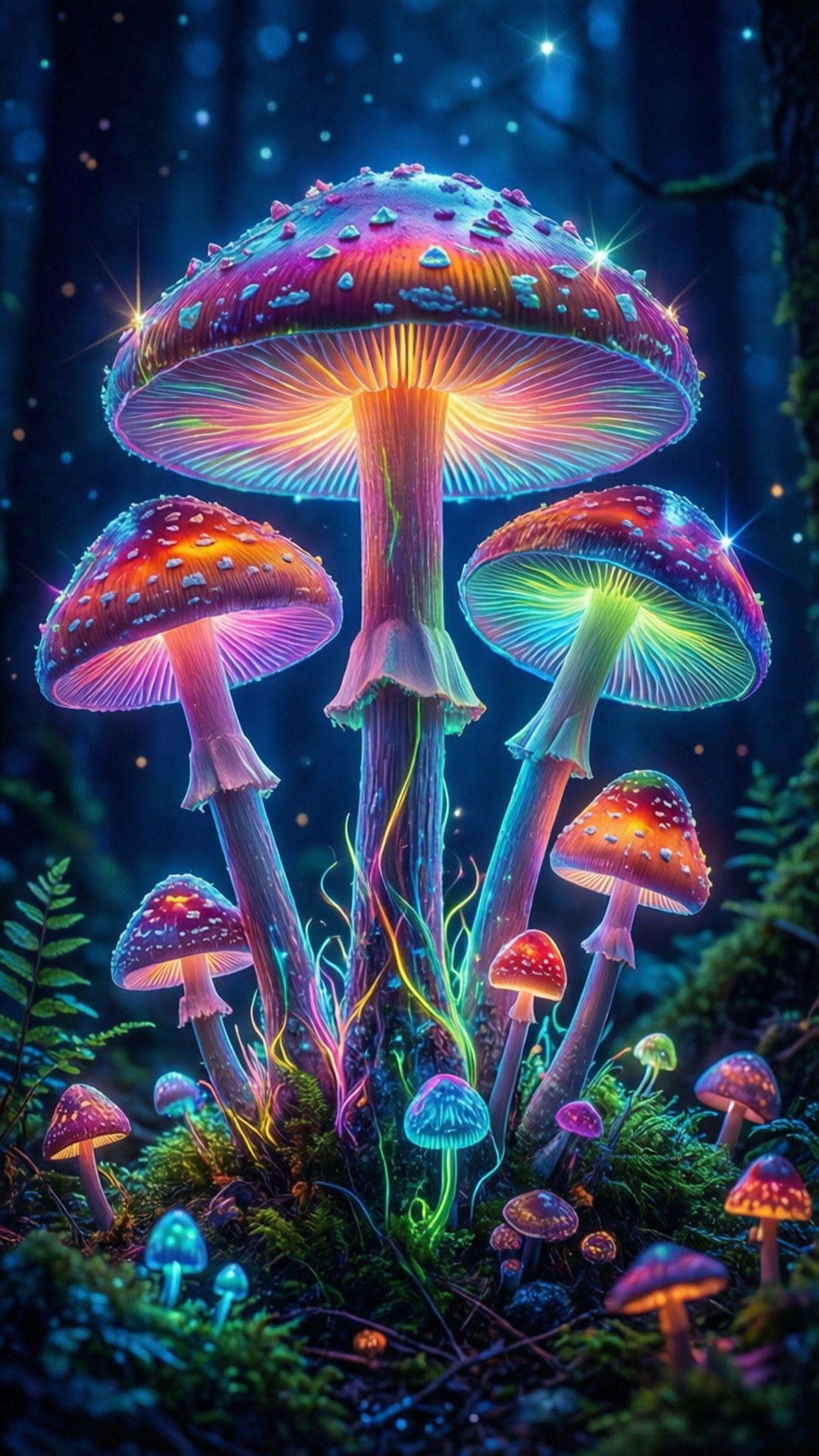 霓虹蘑菇萬花筒 壁紙 — 在星空下，發光的霓虹蘑菇帶有彩虹色調和閃爍的光芒，從長滿苔蘚的森林地面冒出。