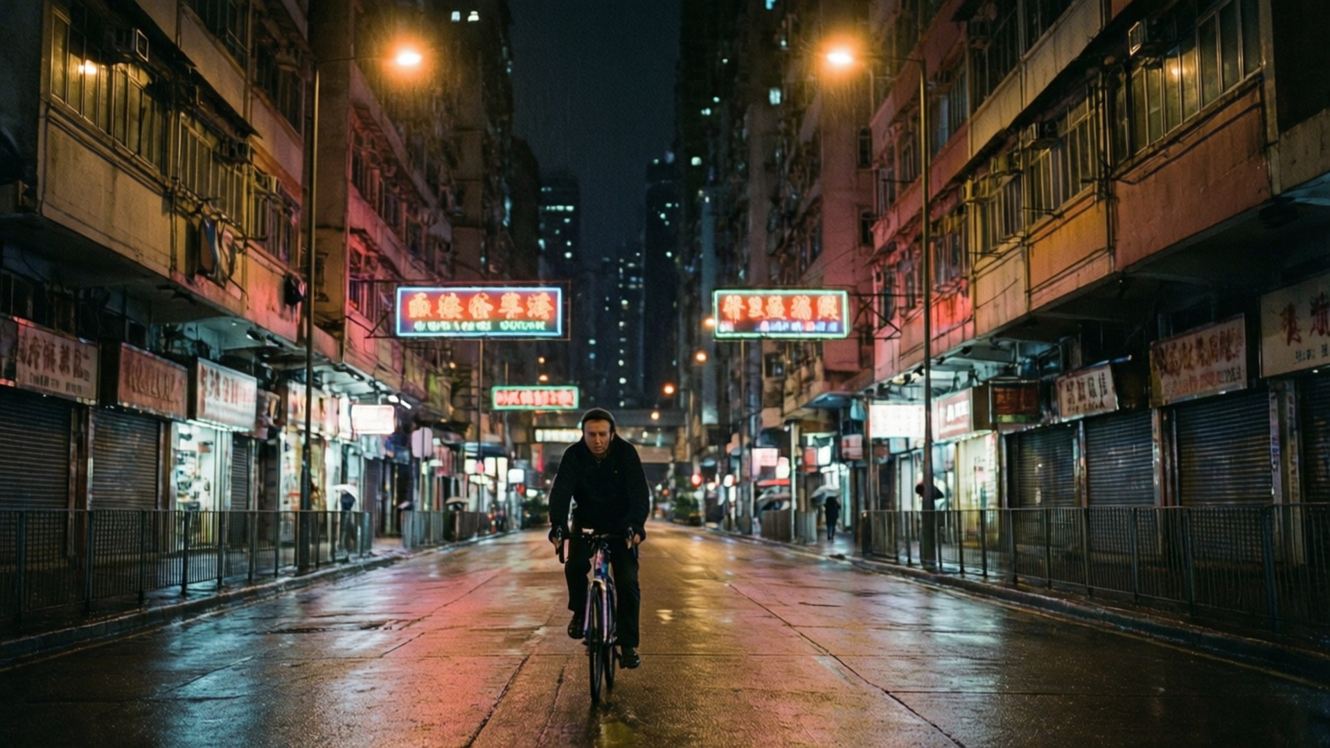一個人在夜晚騎單車行駛在潮濕的城市街道上，下方是發光的霓虹招牌。