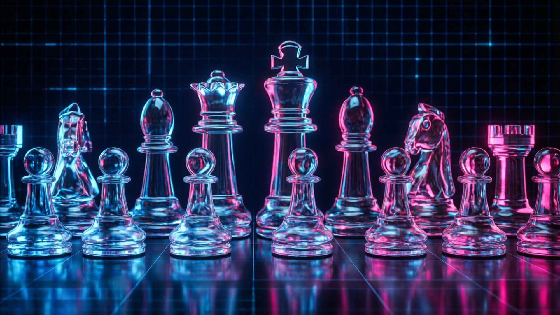 霓虹象棋光效 壁紙 — 玻璃國際象棋棋子喺黑暗背景下嘅反射網格地板上發出霓虹藍色同粉紅色光芒。