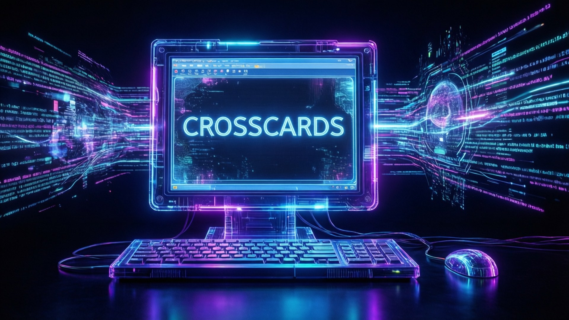 霓虹燈電腦螢幕顯示 'CROSSCARDS'，周圍環繞著數位代碼流。