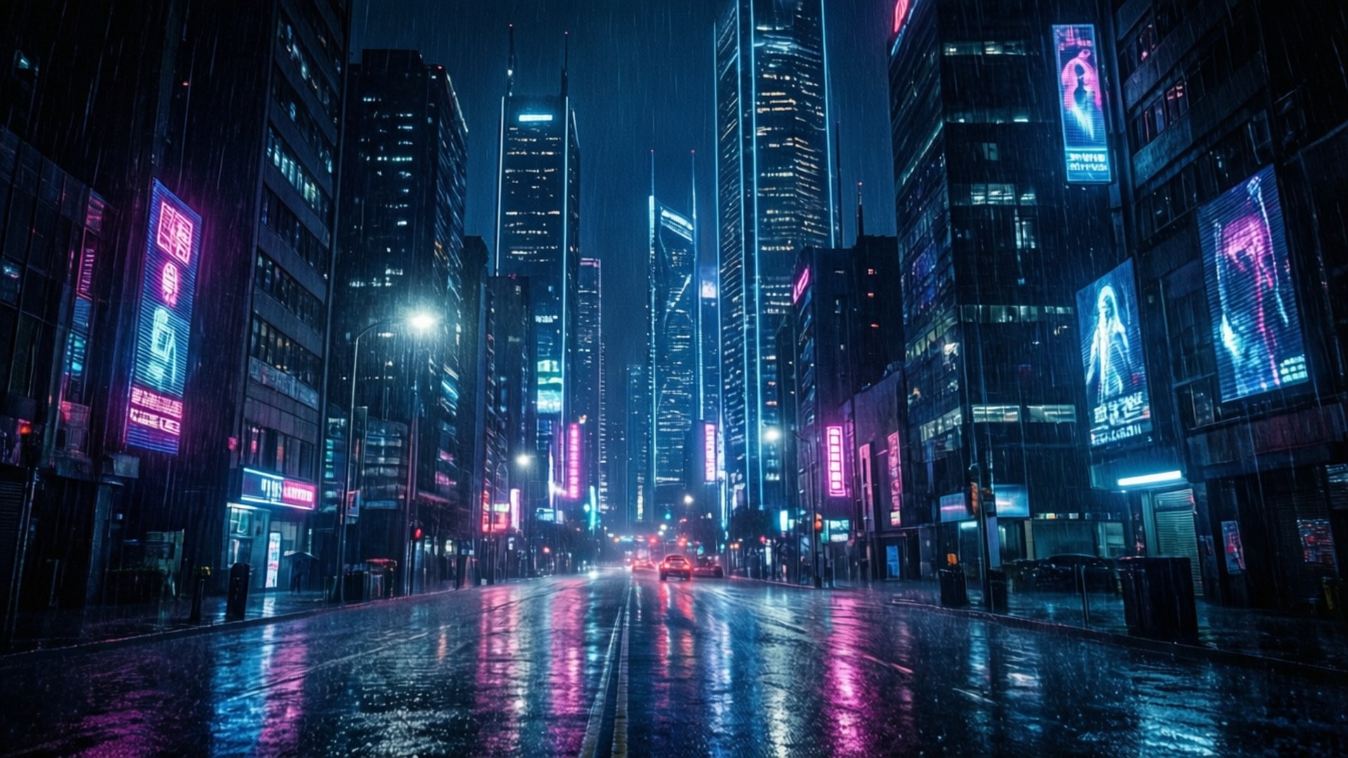 未來主義的夜街，霓虹燈在雨中濕漉漉的路面上反射。