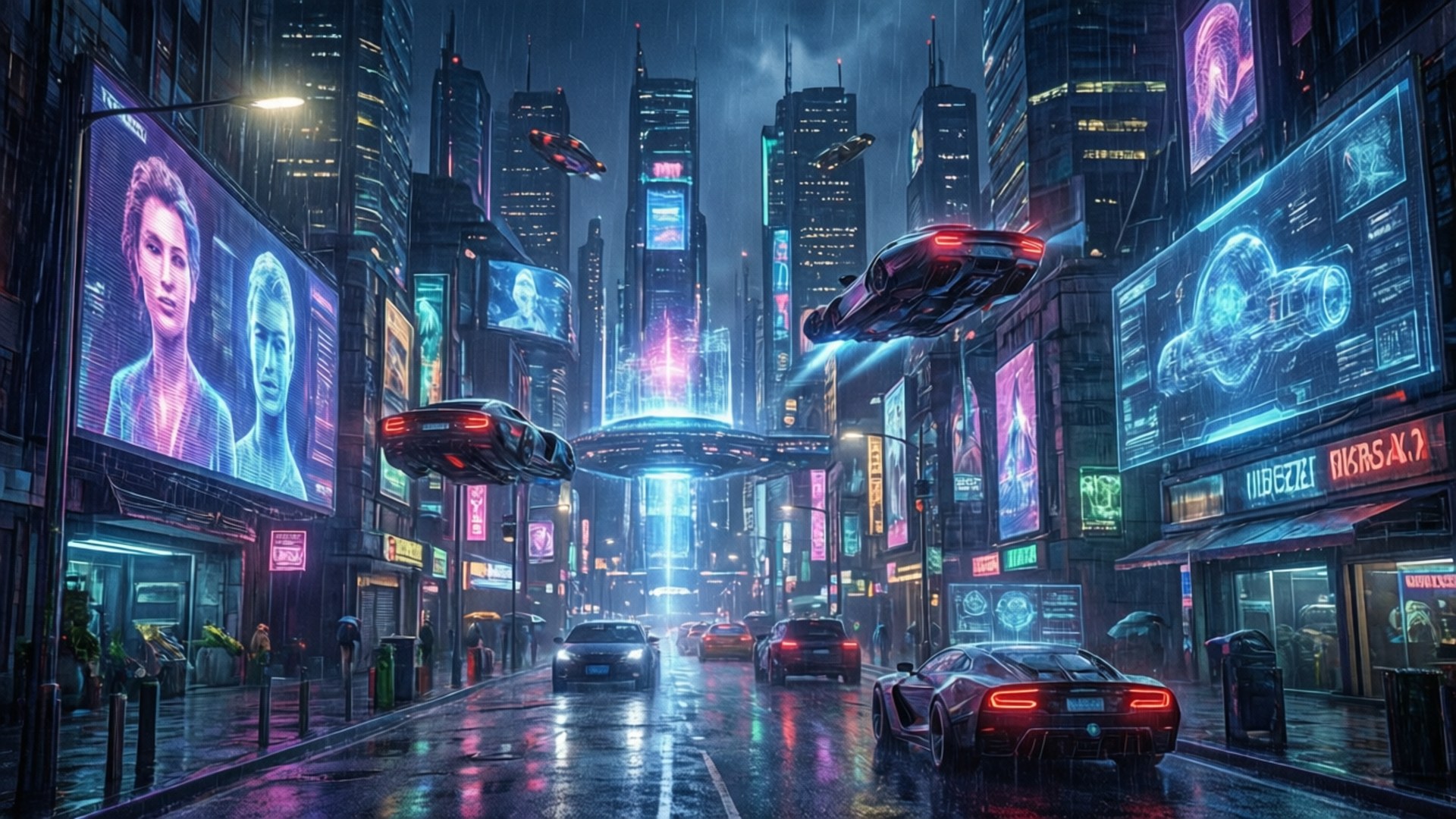 霓虹賽博龐克城市 壁紙 — 被雨水浸濕、霓虹燈照亮嘅 cyberpunk 城市街道，有飛天汽車同高聳嘅全息廣告牌喺夜空下發光。