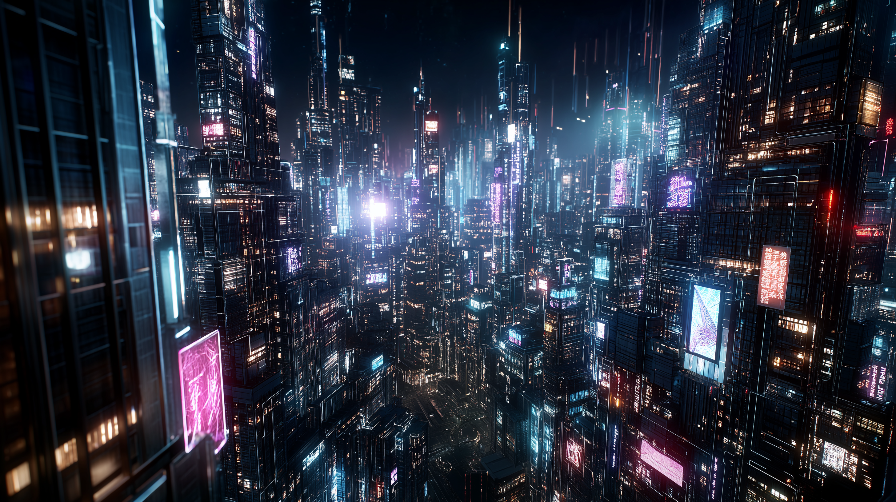 霓虹賽博龐克城市風景 壁紙 — 夜晚中高聳的賽博龐克大都市，發光的霓虹燈招牌和全息廣告牌照亮摩天大樓。