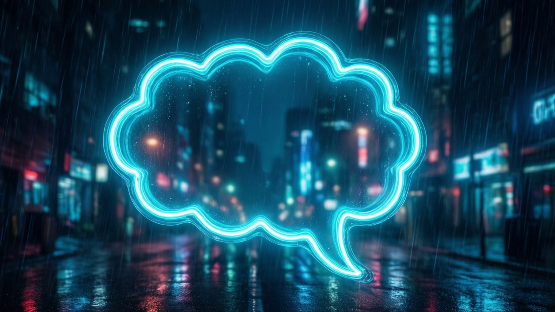 霓虹燈思想泡泡喺雨夜城市街道上漂浮，帶有發光倒影。