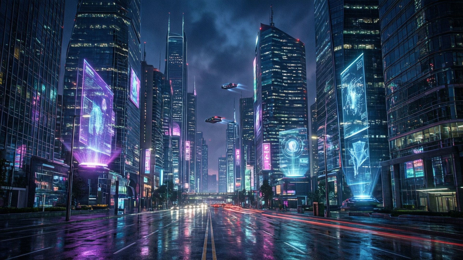 未來城市街道夜景，帶有霓虹燈和飛天汽車。