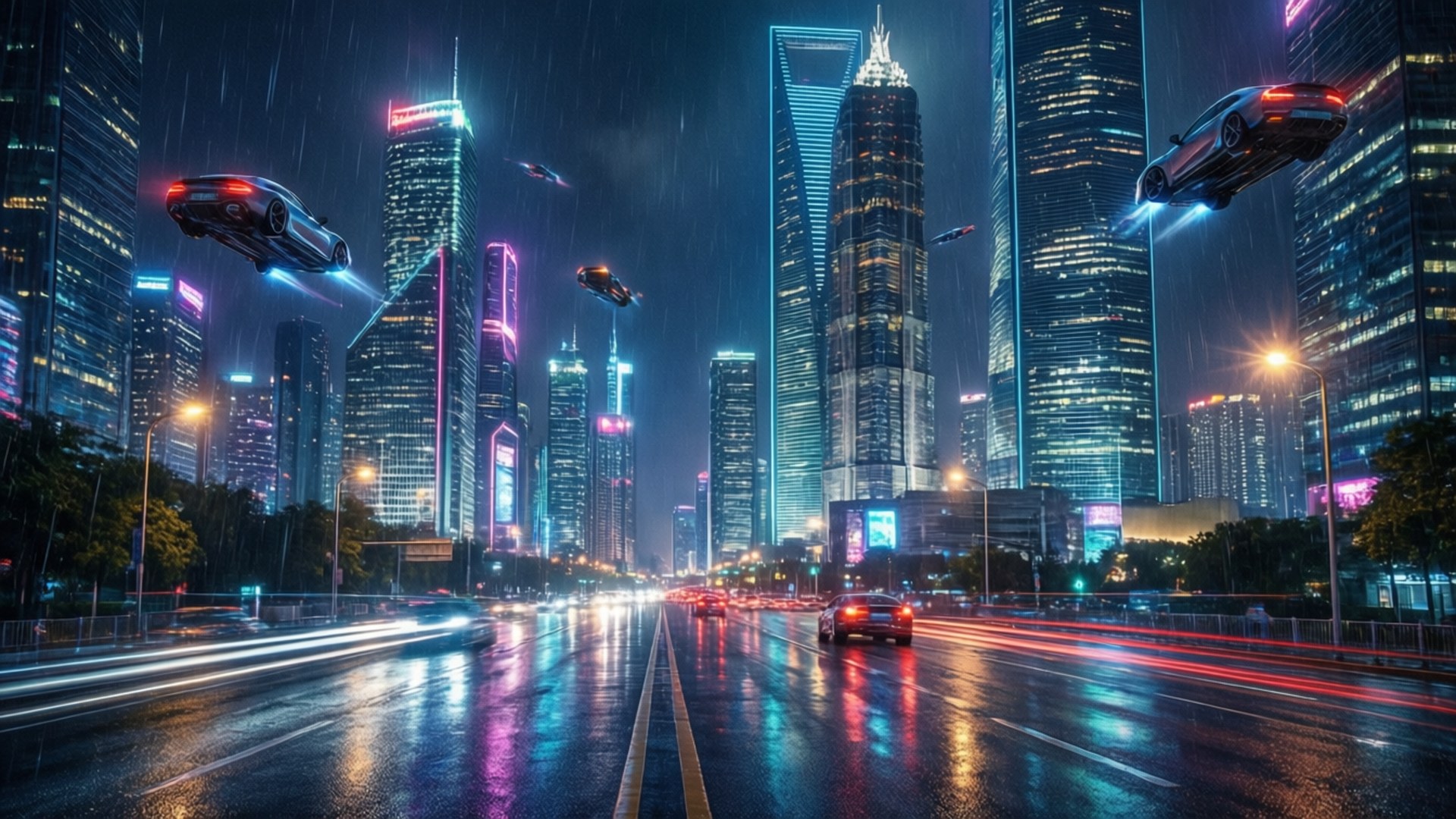 雨中的未來城市，夜間有飛車和發光的摩天大樓。